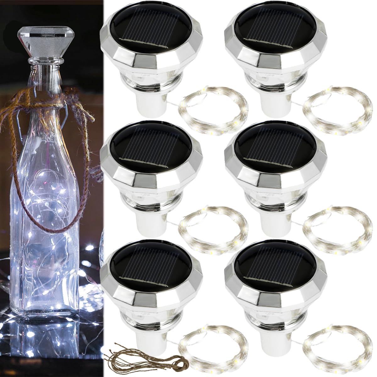 6Pack Solar Wine Bottle Lights, 2M 20 LED Copper Wire Fairy String Lights, IP65 Waterproof Decorative Lamp, Flexible Wine Bottle String Light, Auto On/Off for Wedding Christmas Party Decor