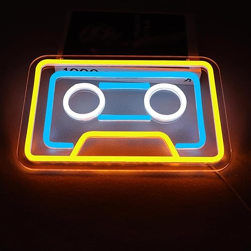 Miniatura 2 de Letrero de neón retro de casete -decoración LED de 12.2 x 8 pulgadas con cable de 5 V - amarillo+blanco+azul cielo - adecuado para iluminación