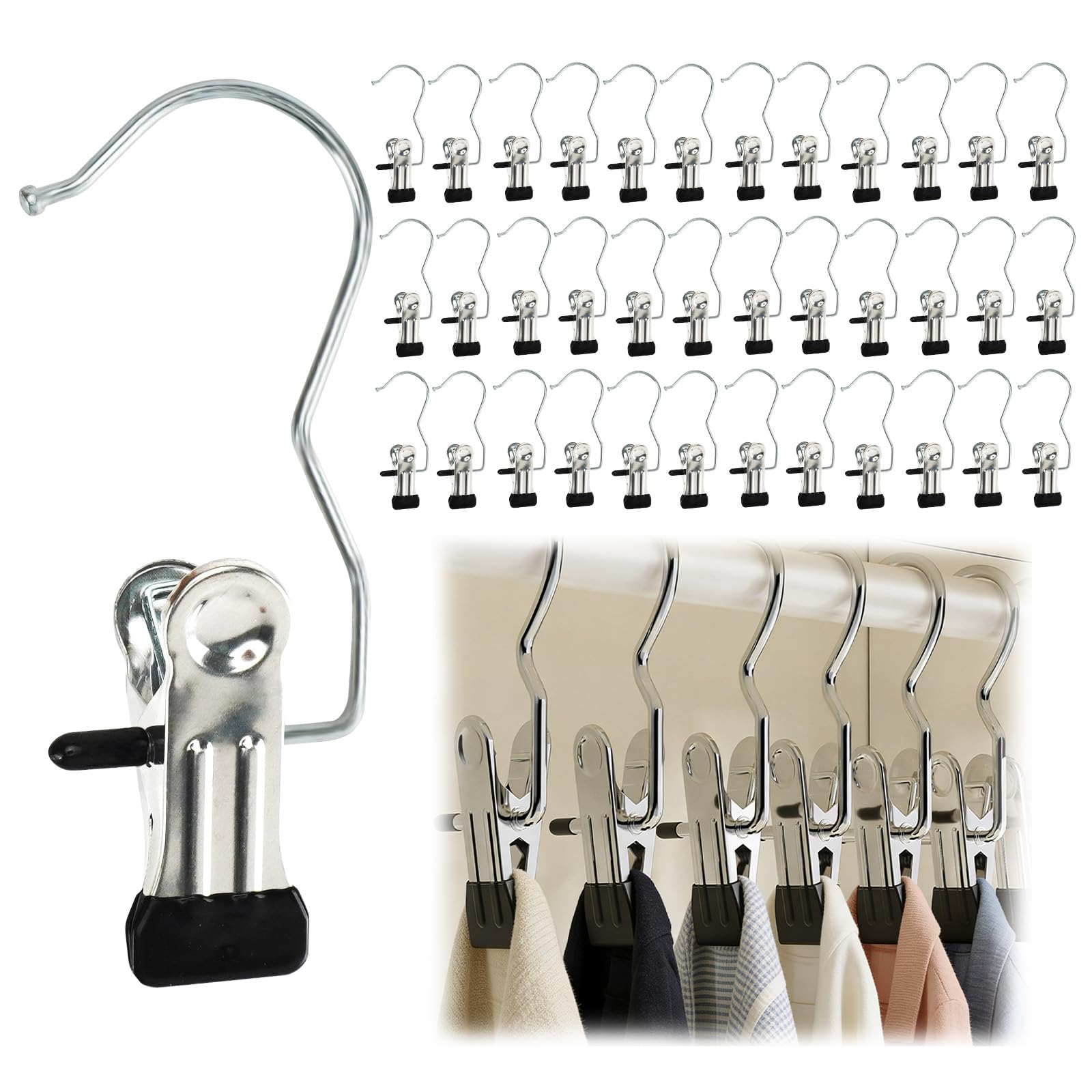 36pcs Hangers Clips, LIOUCBD Stainless Steel Closet Hangers Laundry Hanging Hooks, Boot Hanger for Closet, Portable Clothes Pins for Towel Glove Hat Pants Jeans Skirt Sock Travel Home
