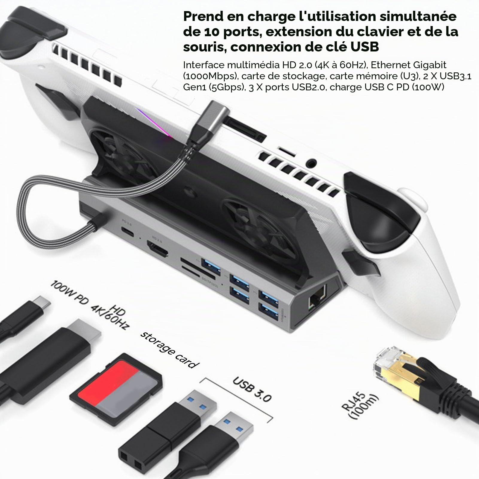 Station d'accueil pour Steam Deck et ROG Ally, Station d'accueil Steam Deck 10 en 1 avec HDMI 2.0 4K @ 60 Hz, Gigabit Ethernet, 2 X USB 3.1, 3 X USB 2.0, Port de USB C PD