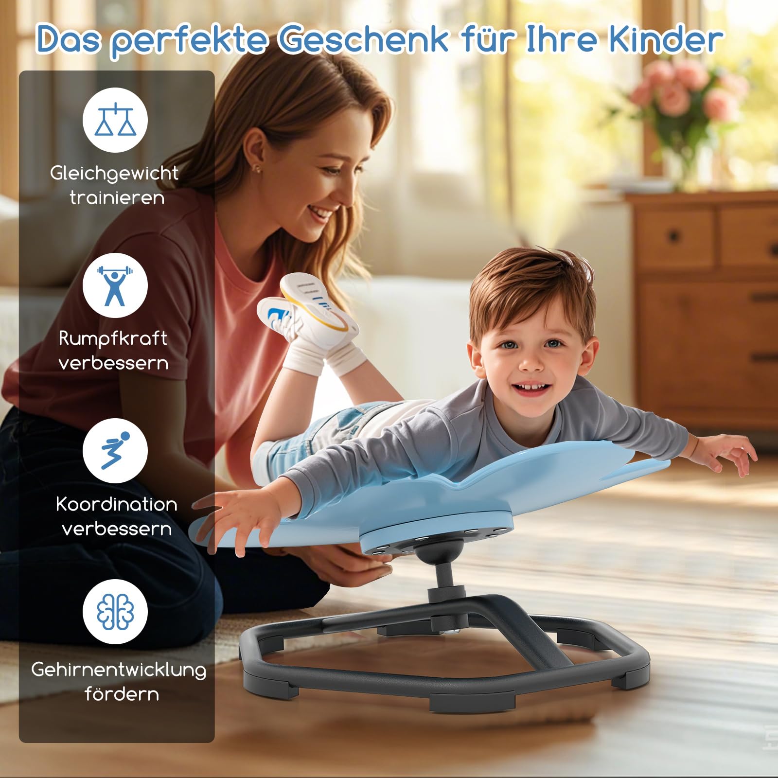 COSTWAY Sensorischer Drehstuhl Kinder, 360° Kinderdrehstuhl, Karussell Autismus Kinderstuhl mit Rutschfester Metallbasis, Karussellstuhl Indoor für Kleinkinder ab 3 Jahren (Blau,Blume)