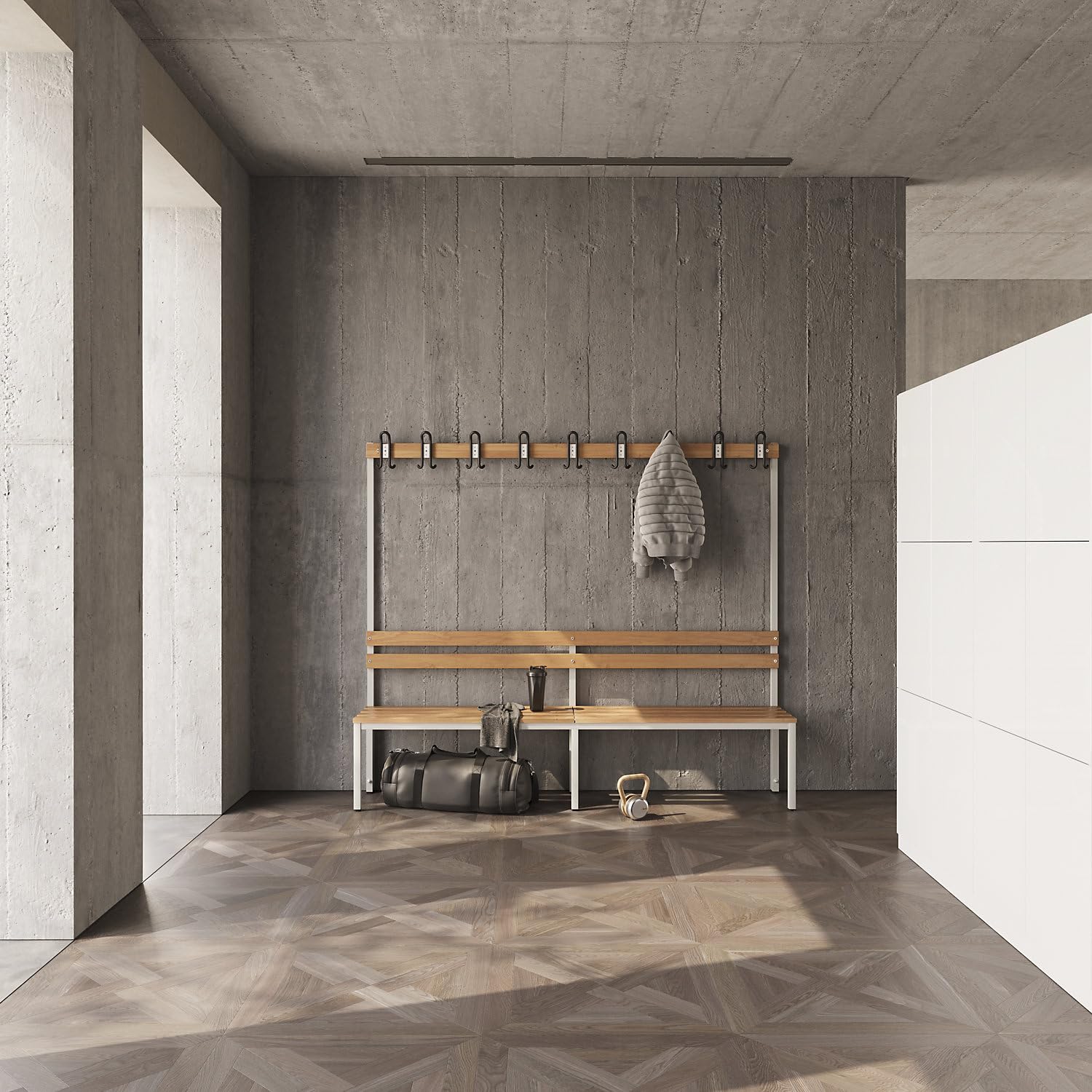EUROKRAFT Basic | Banc de vestiaire avec Dossier | Unilatéral, lattes en bois de hêtre, longueur 2000 mm