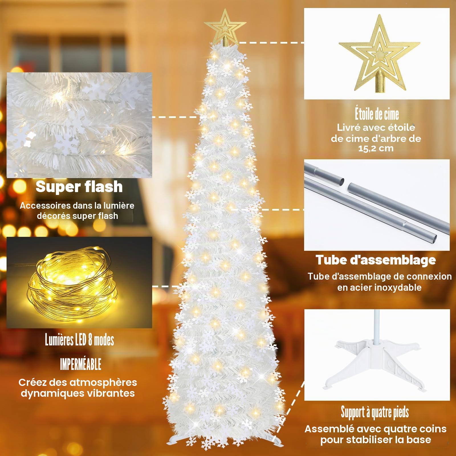 HMASYO Sapin de Noël pop-up de 1,5 m avec lumières minuterie, sapin de Noël blanc avec flocons de neige, sapin de Noël artificiel pliable pour la maison, le bureau, assemblage facile