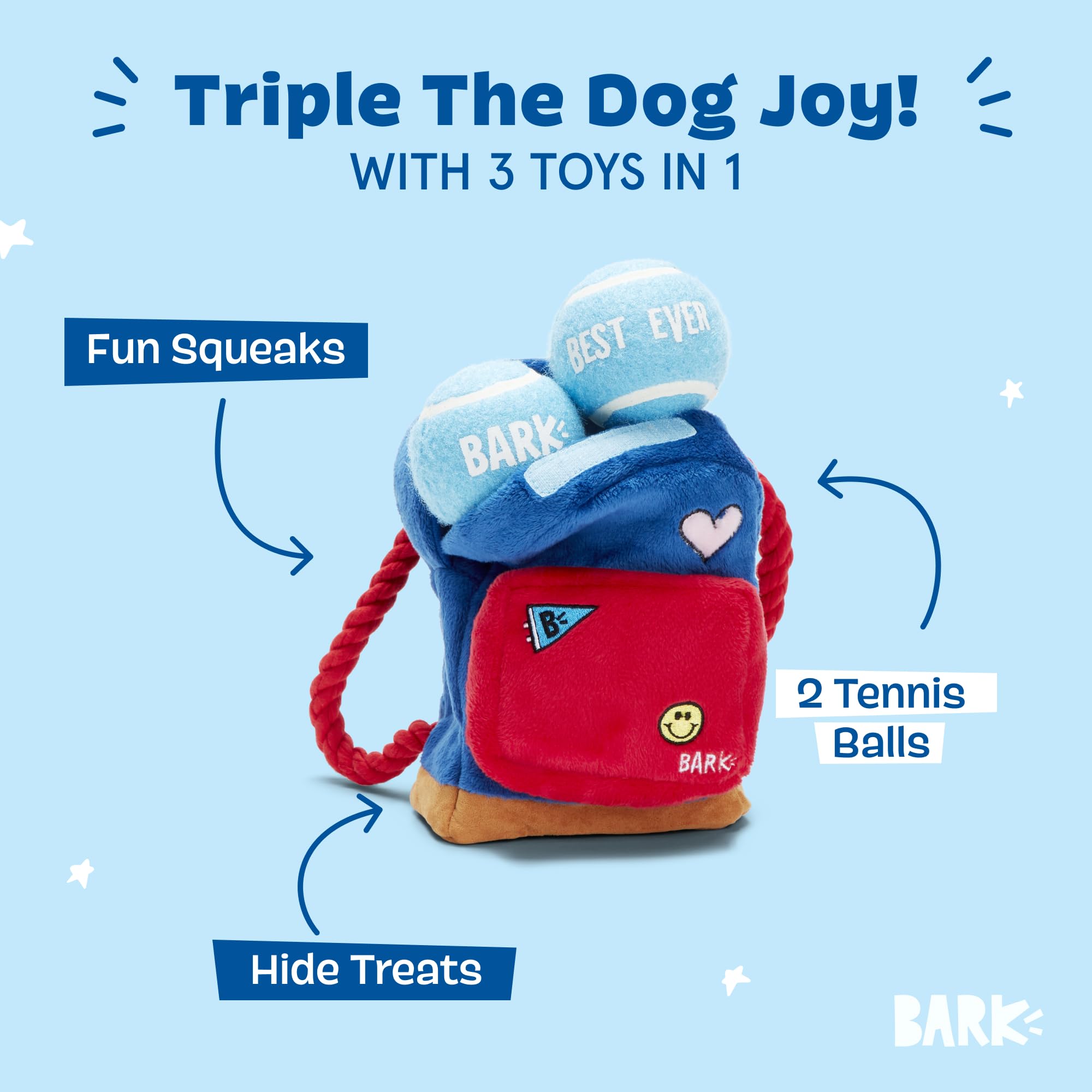 Barkbox 2 in 1 Interactive Plush Dog Toy - Rip and Reveal Toy for Dogs and Puppies - Stimulating Squeaky Pet Toys | Janspup Backpack (Large)
