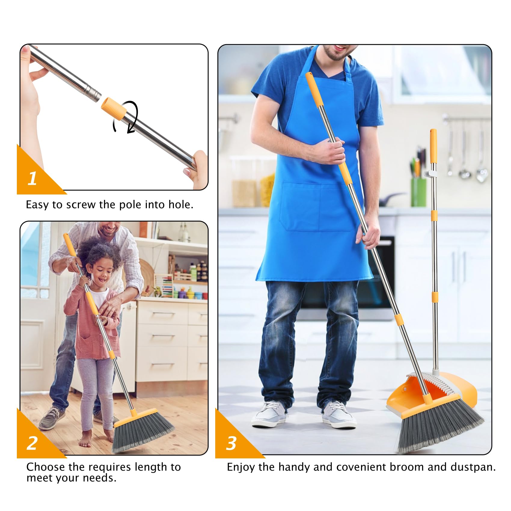 Zestaw szufelek i szczotek, długa miotła i szufelka z grzebieniem, pionowa szufelka do zamiatania do kuchni, holu, biura, do zamiatania sierści zwierząt domowych i psów