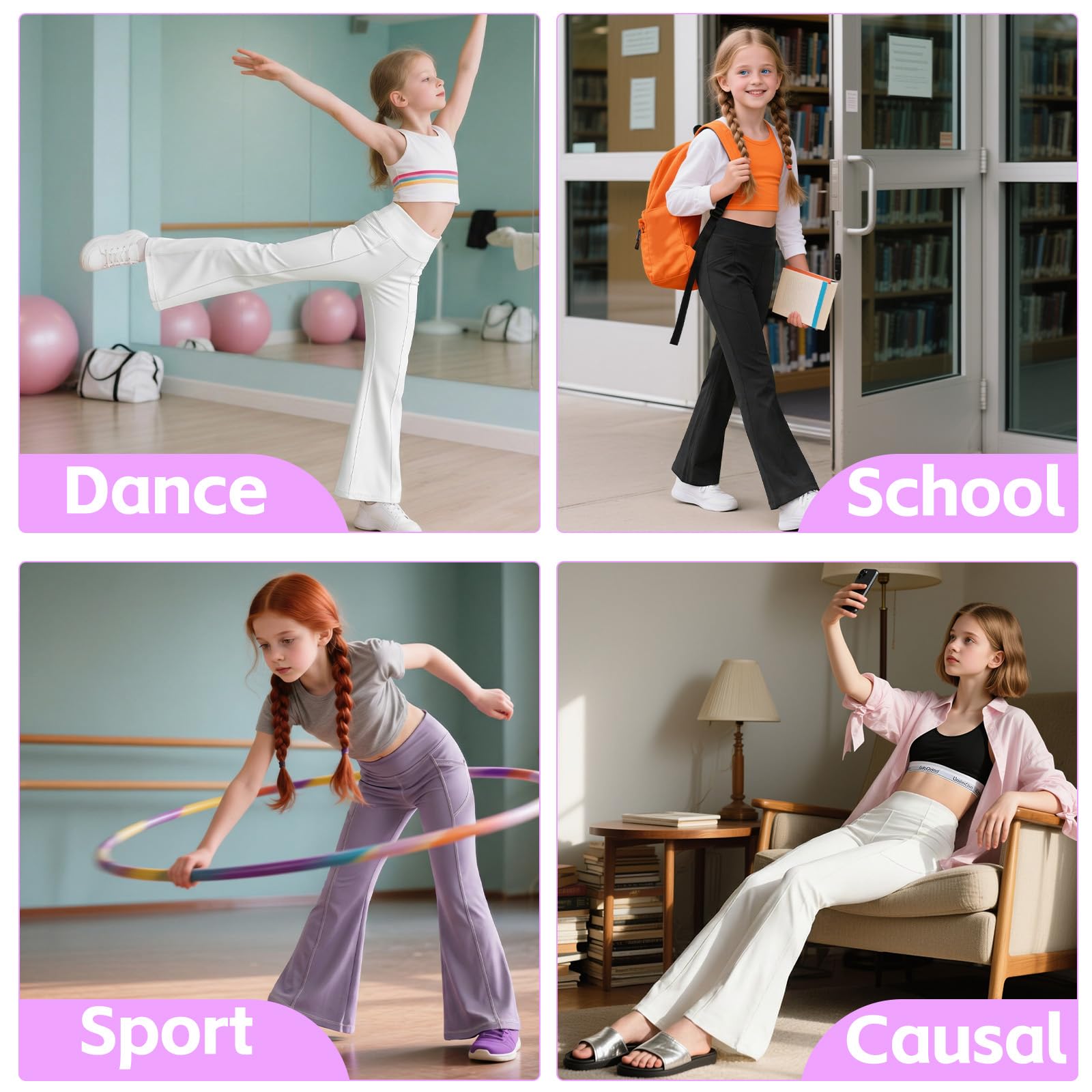 JinBei Leggings Niñas Pantalones Acampanados Cintura Alta Mallas Deportiva Elástica con Bolsillos, 7-15 Años