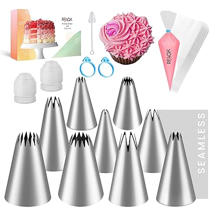 RFAQK Icing Bags and Tips Set for Beginners, Seamless Open Star Piping Tips for Cake Cupcake & Cookies Decoration, Easy to use Stainless Steel Nozzles for Newbies
