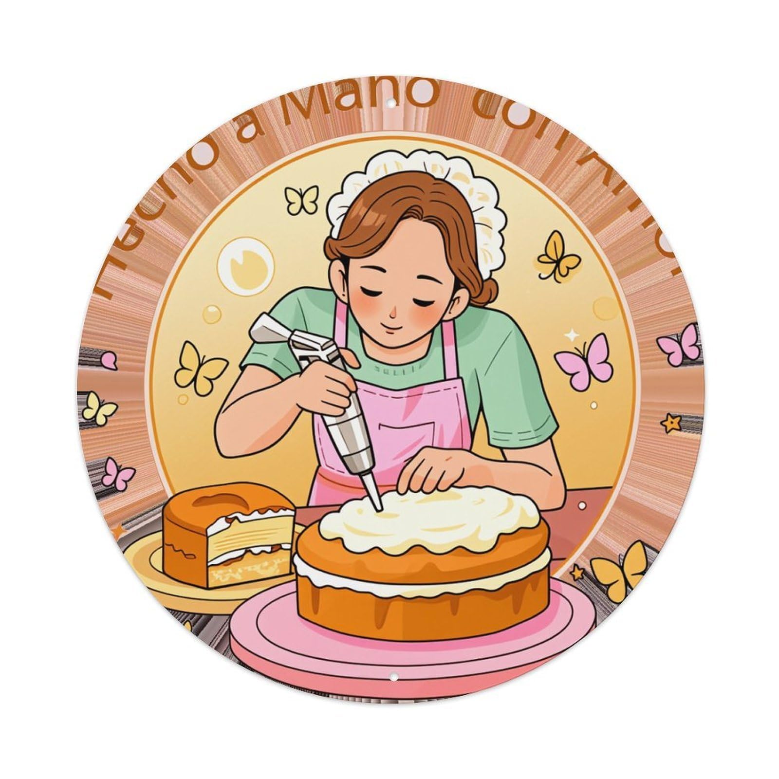 Baker Decorating Cake With Buttercream Round Tin Sign Retro Metal Sign for Cafe Bar Pub Home Game Room Gym Club Wall Decoration Vintage Metal Poster 8x8 Inch
