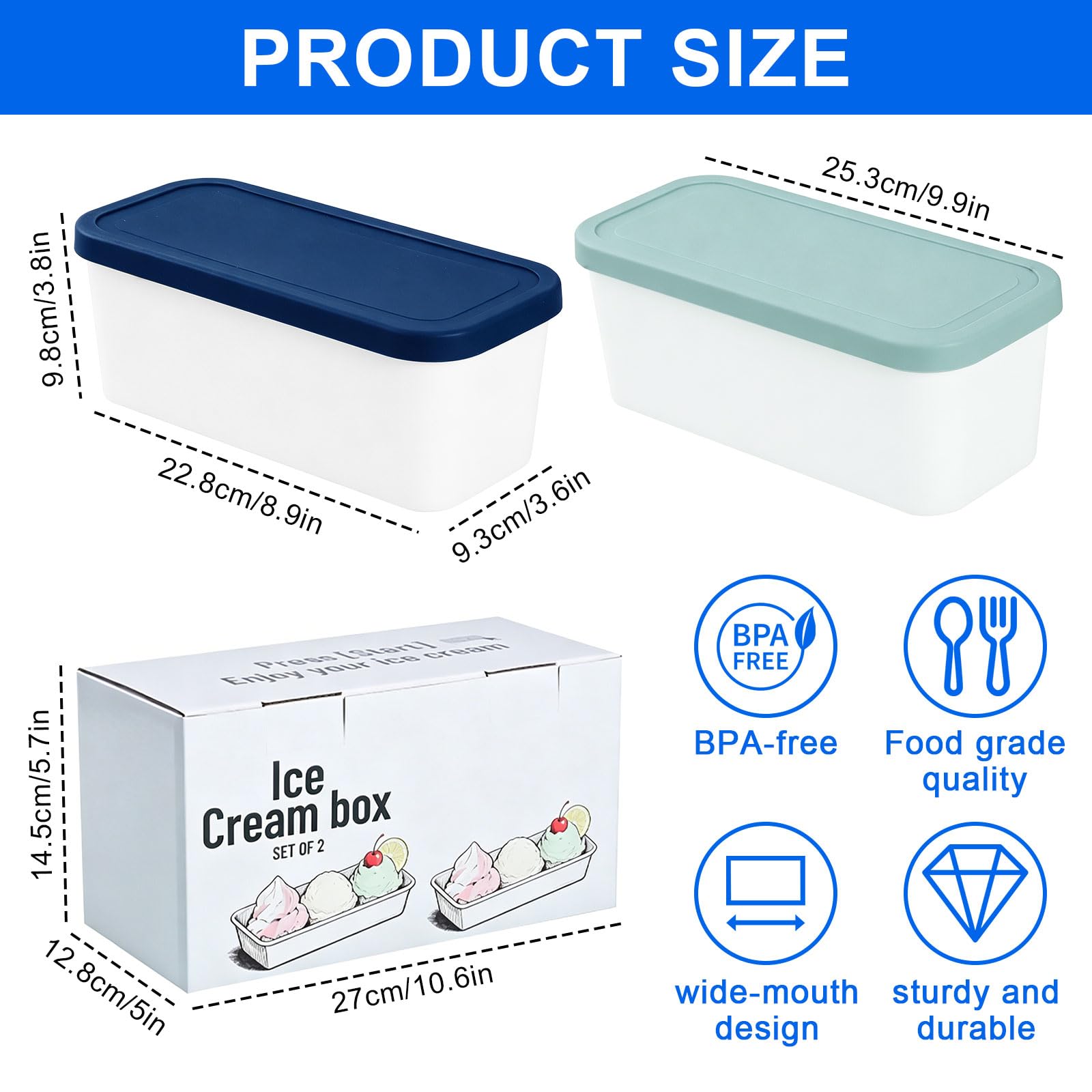Contenitori per congelatore da 1 litro per gelato, set da 2 pezzi, contenitore per ghiaccio fatto in casa, contenitore per congelatore con coperchio, impilabile, contenitore per gelato, gelato, gelato