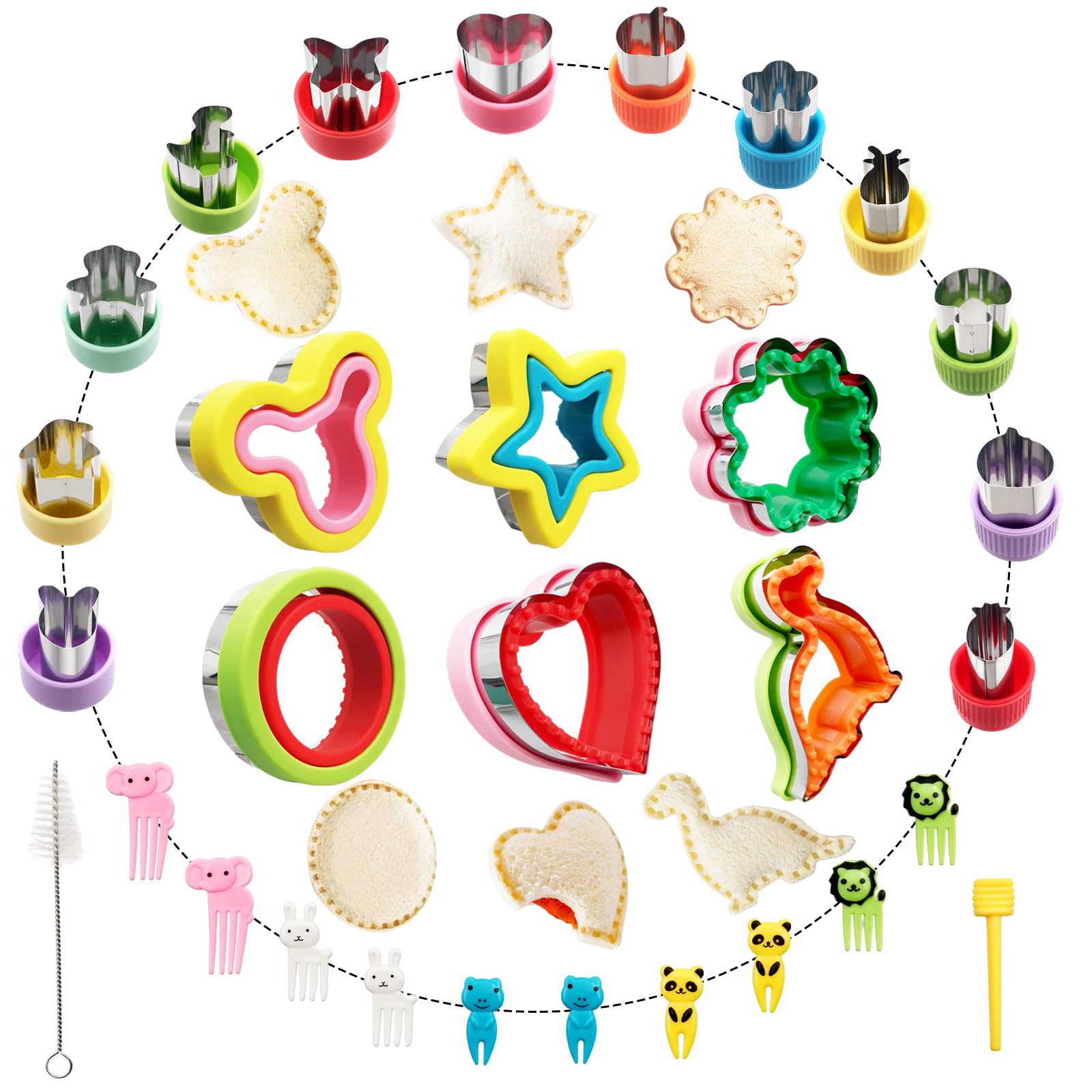 30 Pieces Food Fruit Shape Cookie Cutters Fun Kids Lunch Cutters and Skewers Cute Sandwich Cookie Cutter Closure Set Lunchable Food Fruit Vegetables Cheese Moulds for School Lunch