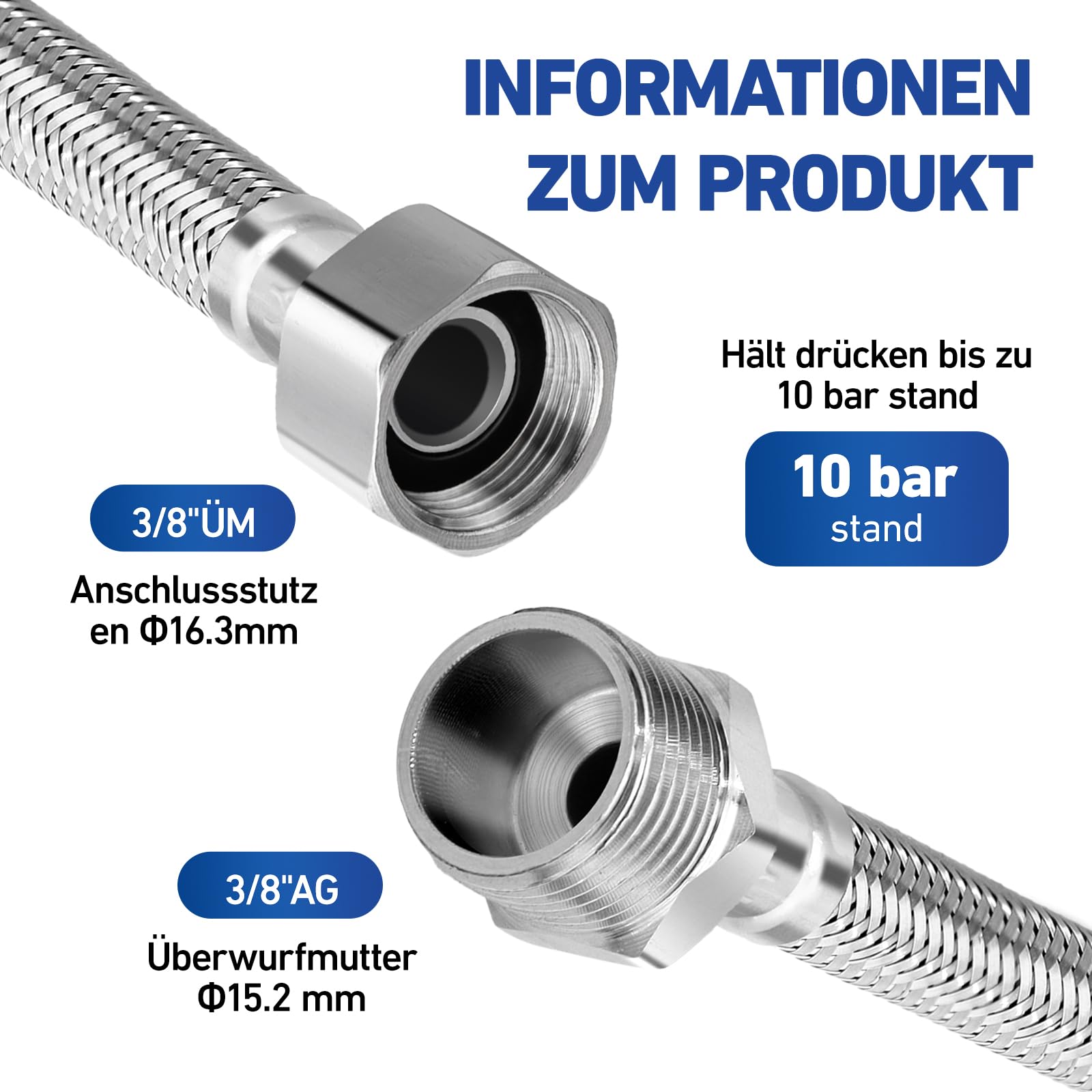VIOKS Pantserslang, 3/8 inch, flexibel, 30 cm, met 3/8 inch wartelmoer en buitendraad, drinkwaterslang met roestvrijstalen omvlechting VIOKS Pantserslang, 3/8 inch, flexibel, 30 cm, met 3/8 inch wartelmoer en buitendraad, drinkwaterslang met roestvrijstalen omvlechting