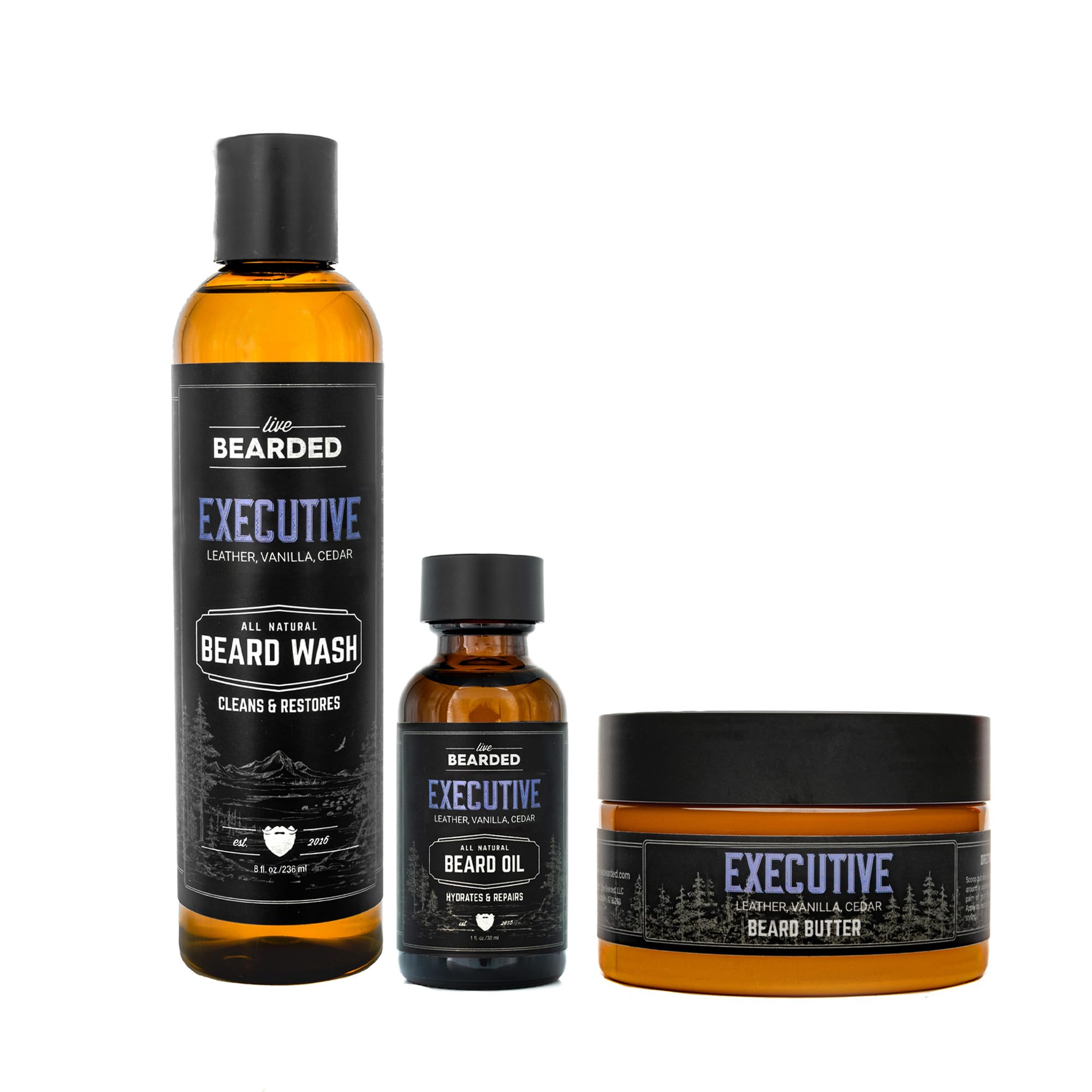Live Bearded 3-Step Beard Grooming Kit - Wash, Oil and Butter - Made in the USA - All-Natural Ingredients with Shea, Jojoba - Growth Support | Executive Scent - Cedar, Vanilla