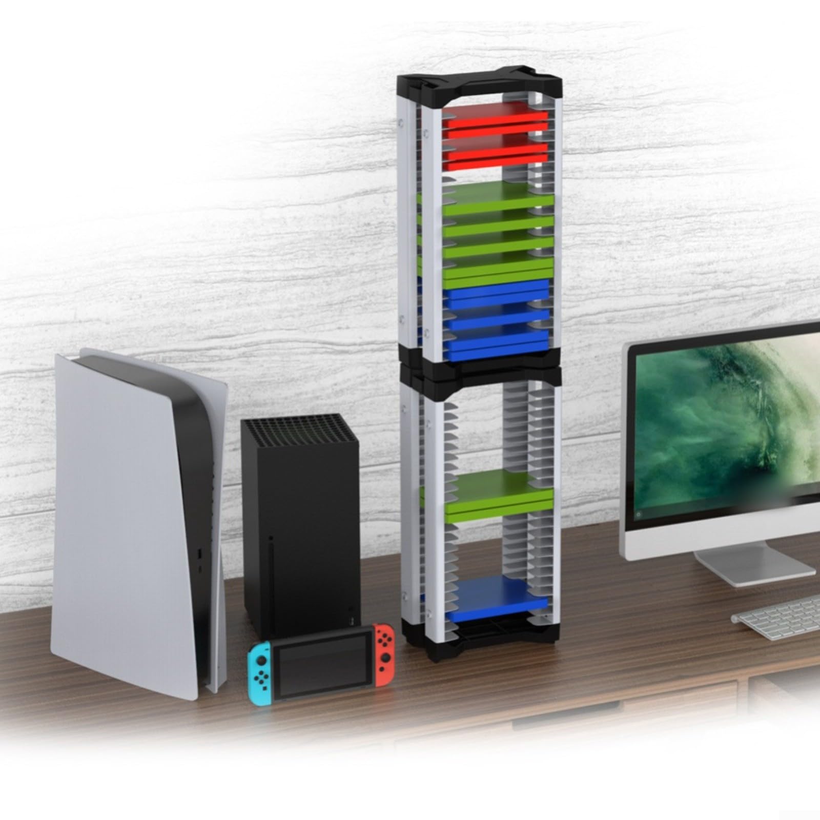 Scaffale a torre di archiviazione per videogiochi, contiene 46 dischi con supporto per controller integrato, organizer per supporti in ABS, supporto per console e accessori da gioco (doppio strato)