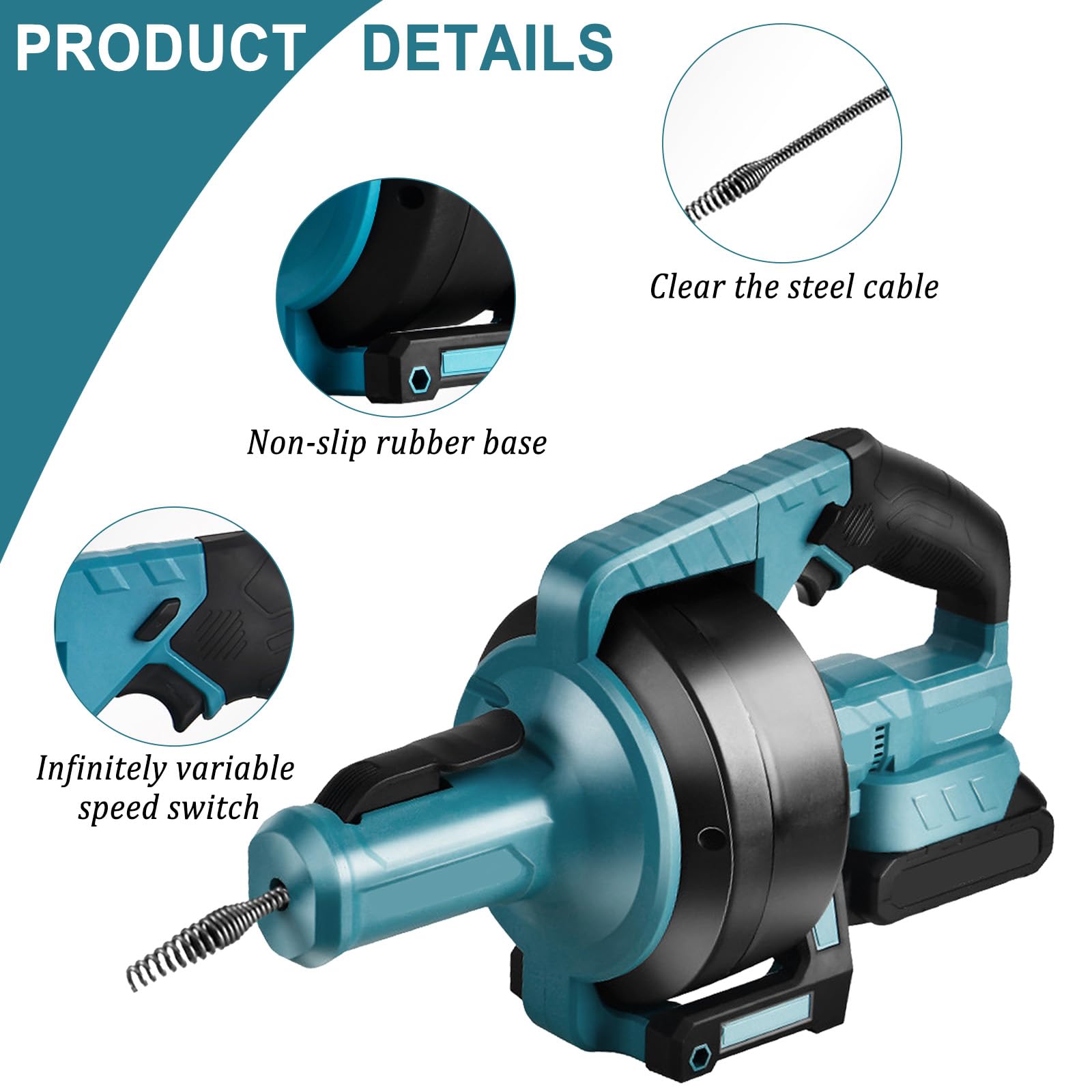 Nettoyeur de canalisations compatible avec batterie Makita 18 V, diamètre 9 mm, 7 m, spirale de nettoyage pour canalisations de Ø 16 à 85 mm, nettoyeur de canalisations électrique pour toilettes