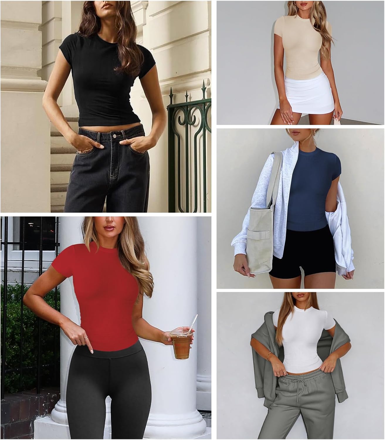 Womens Crew Neck Ribbed Skim Short Sleeve Fitted T Shirts Casual Basic Tight Tees Stretchy Tops for Women - Image 5