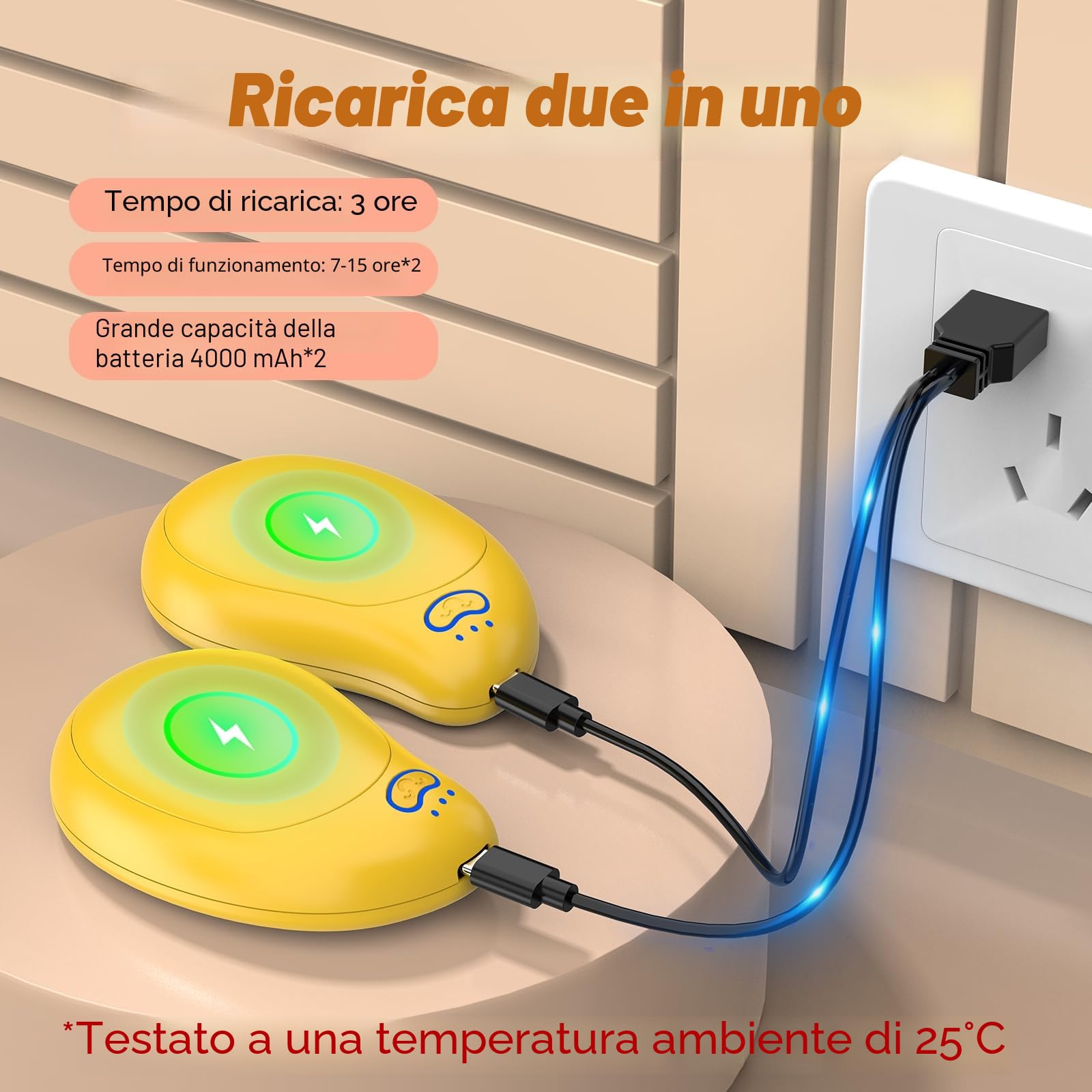 Scaldamani Elettrici 2 Pezzi con Batterie da 8000 mAh, Scaldamani Ricaricabile Tramite USB Tre Regolazioni Della Temperatura, Adatto Come Regalo di Natale Invernale All'aperto,Giallo