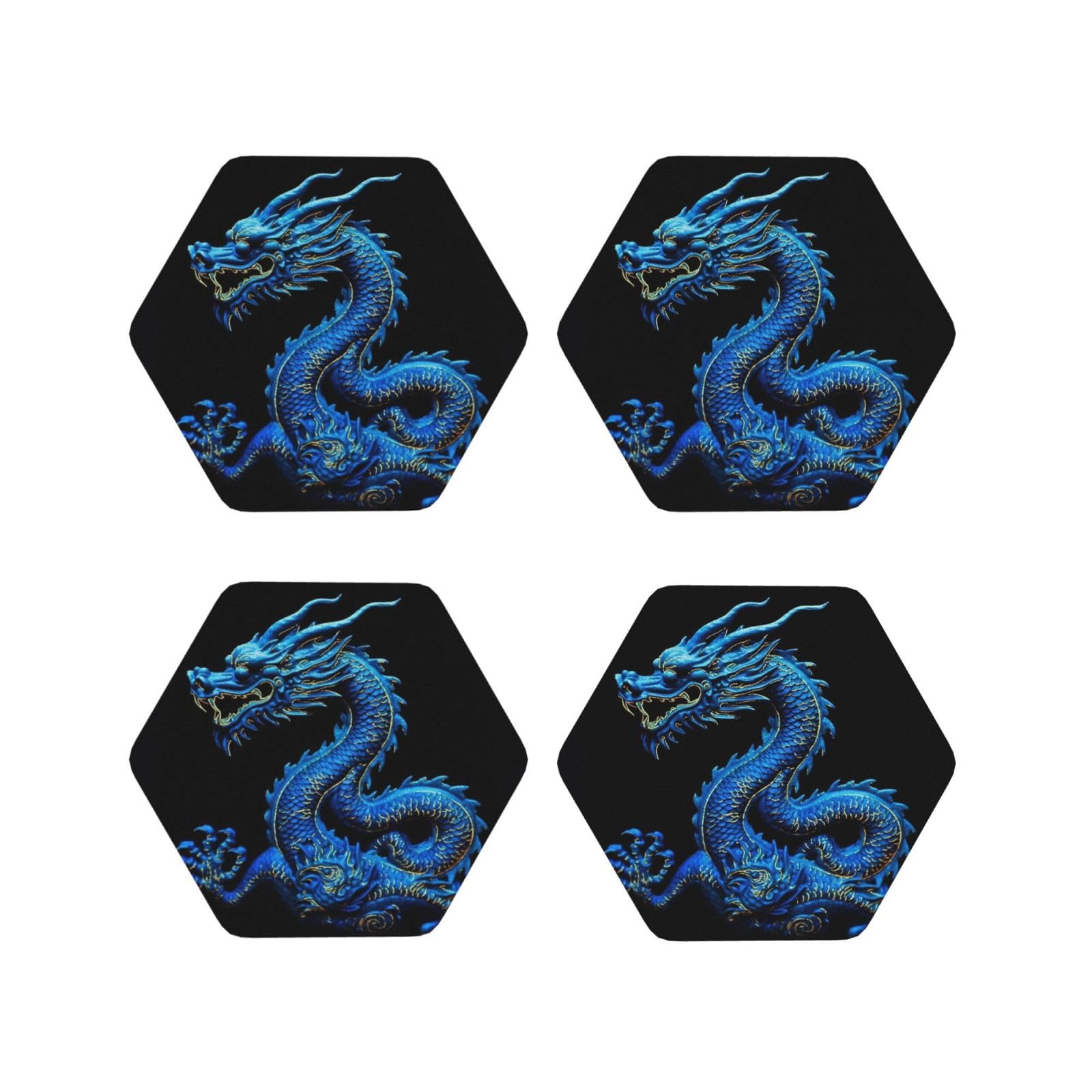 4Pcs PU Leather Coaster for Drinks, Blue Chinese Dragon Cup Coastersr 4" Cup Mat Pad, Aesthetic Drink Coasters for Coffee Table, Hexagon Coaster for Tabletop Protection