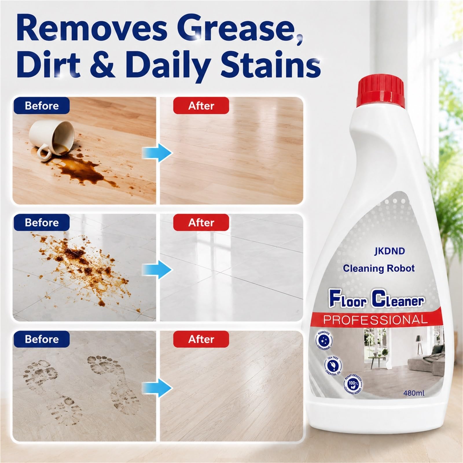 Ricarica Liquido Pulizia Pavimenti, Confezione Da 5, 480ML | Formula Vegetale A Bassa Schiuma, Rimozione Macchie Ad Alta Efficienza, Rapporto Di Diluizione 1:300, Compatibile con Roomba