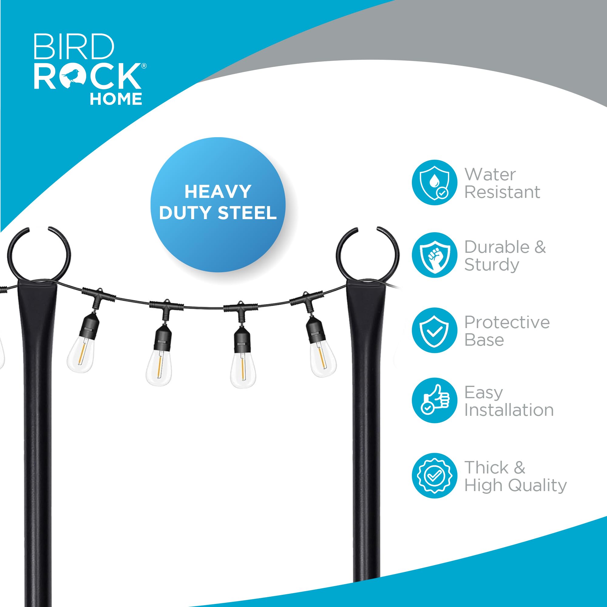 BIRDROCK HOME Lot de 2 poteaux pour guirlandes lumineuses d'extérieur – Résistants aux intempéries, durables, faciles à installer, poteaux robustes pour jardin, terrasse et arrière-cour – 3 m, noir