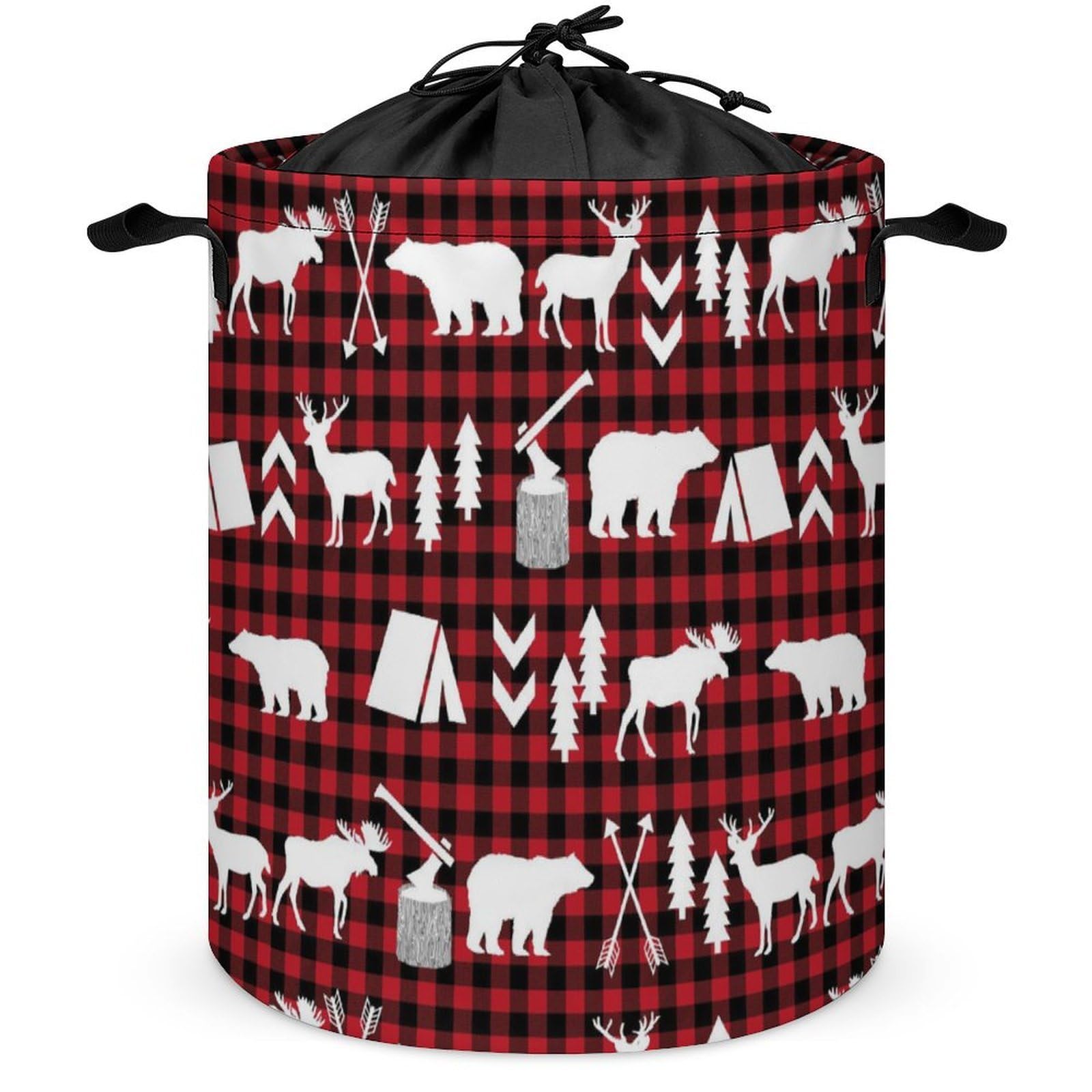 Qjjinxior Drawstring Laundry Hamper, Buffalo Plaid Woodland Christmas Laundry Basket, Washing Basket with Handle