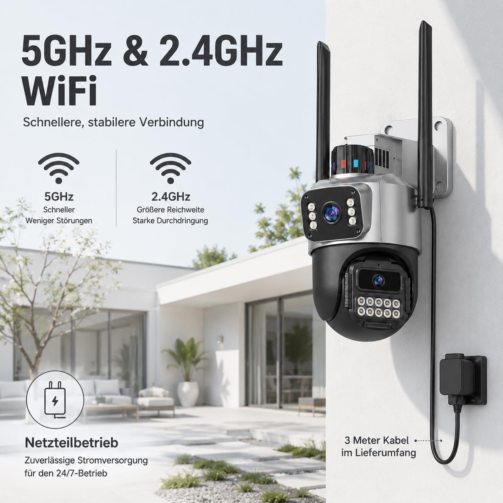 Überwachungskamera Außen, 6MP Dual-Lens WLAN, 2.4/5 GHz | Kamera mit Großem Sichtfeld und Schwenk/Neigefunktion, Farb-Nachtsicht, 2-Wege-Audio, Bewegungsmelder, IP66, SD/Cloud