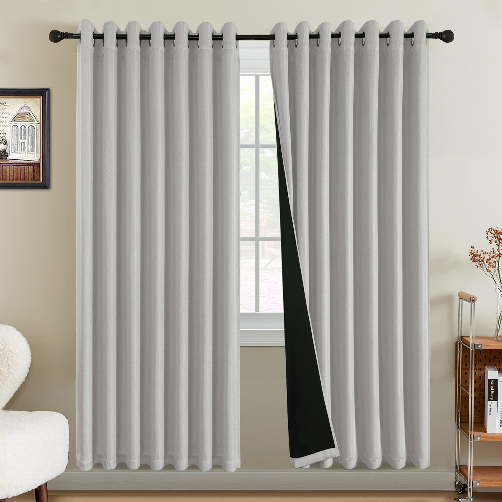 Bellahills Heather Stone 100% Blackout Curtains For Bedroom Thermal Faux Linen Curtain For Living Room Burlap Textured Eyelet Curtains & Drapes, 2 Panels, 90 X 90 Inch,