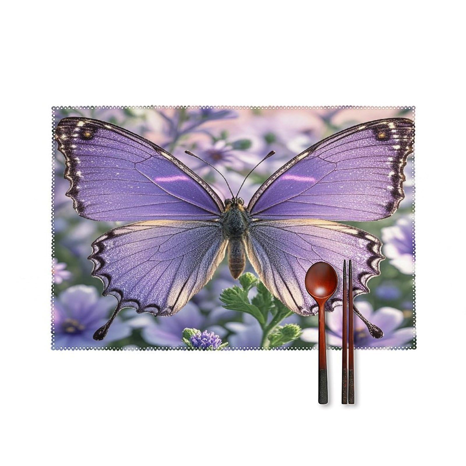 Lovely Purple Butterfly Placemats Set of 6 Heat-Resistant Washable Place Mats Wipeable Kitchen Placemat Easy to Clean for Indoor Outdoor Party Kitchen Decoration