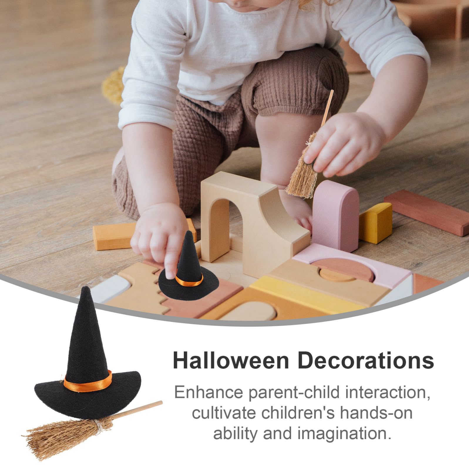 VICASKY Set da 12 Pezzi Mini Cappelli da Strega e Scope in Feltro Decorazioni Fai da Te per Halloween Accessori Creativi per Feste e Decorazioni di Piccoli Oggetti