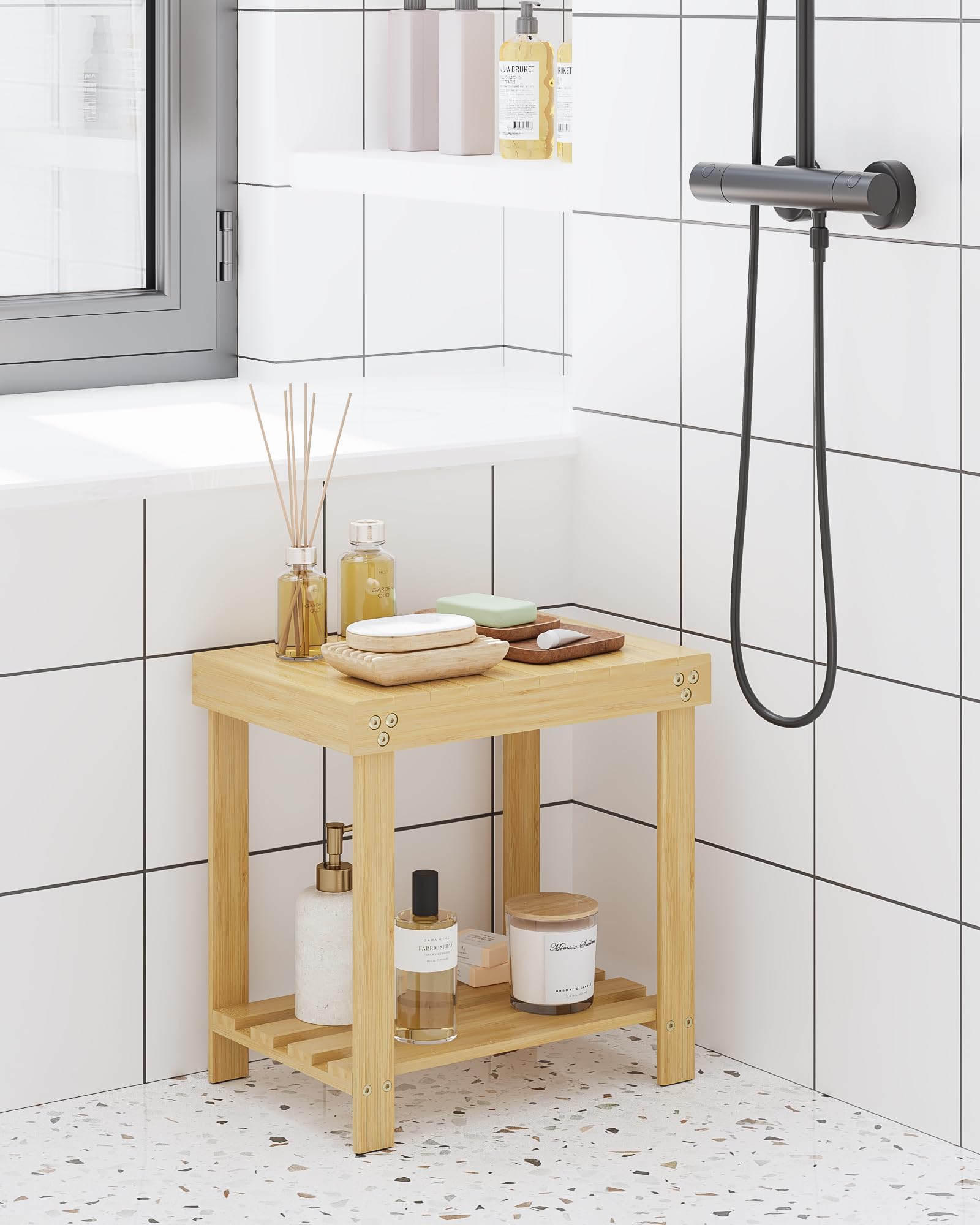 Shower Stool Bamboo Shower Bench Inside With Space-Efficient