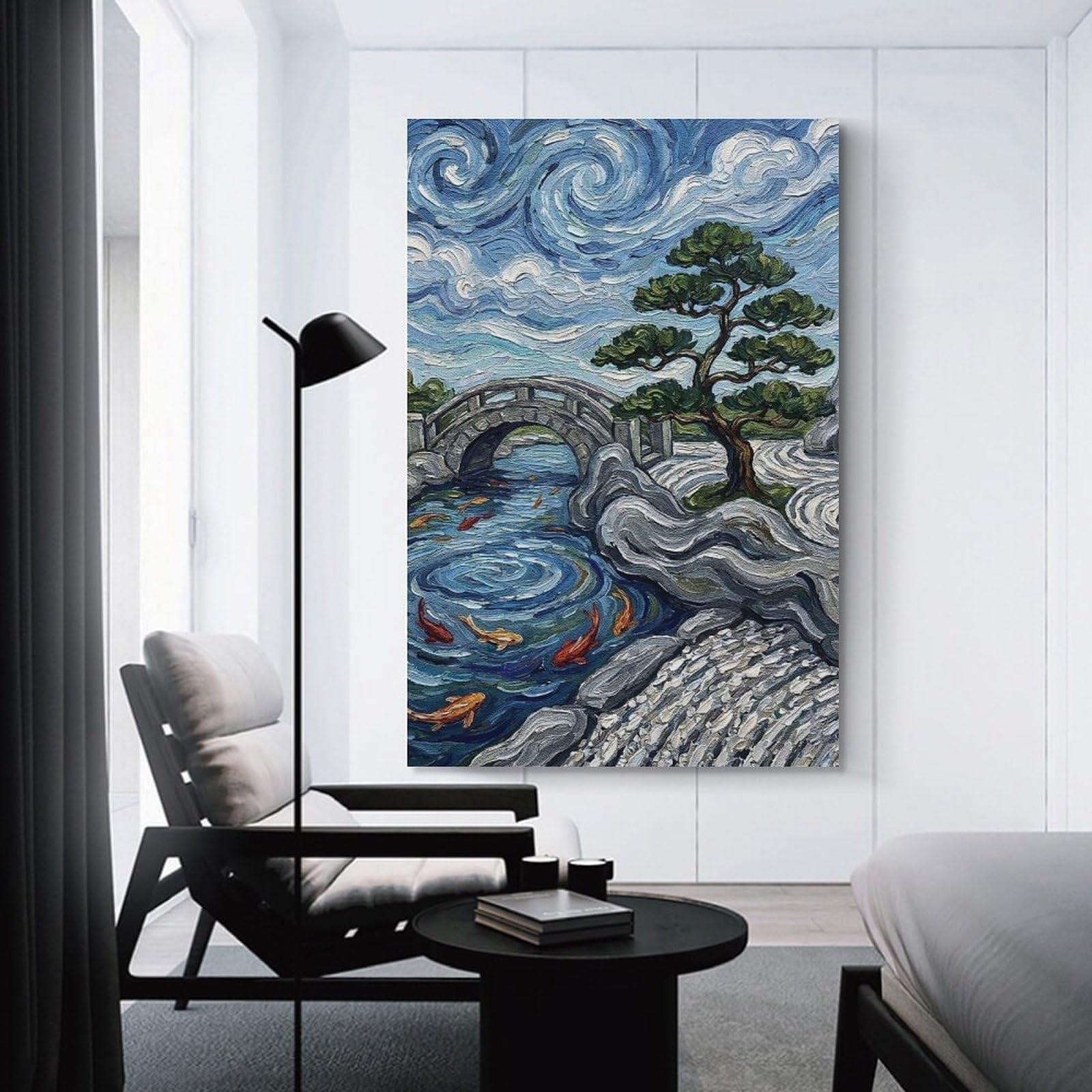 Junmoney Japanese Garden with Bridge And Koi Wall Decor Canvas Print, 24x36inch(60x90cm), for Bedroom, Lounge Or Dressing Area, Decorative Wall Art for Cosy Rooms