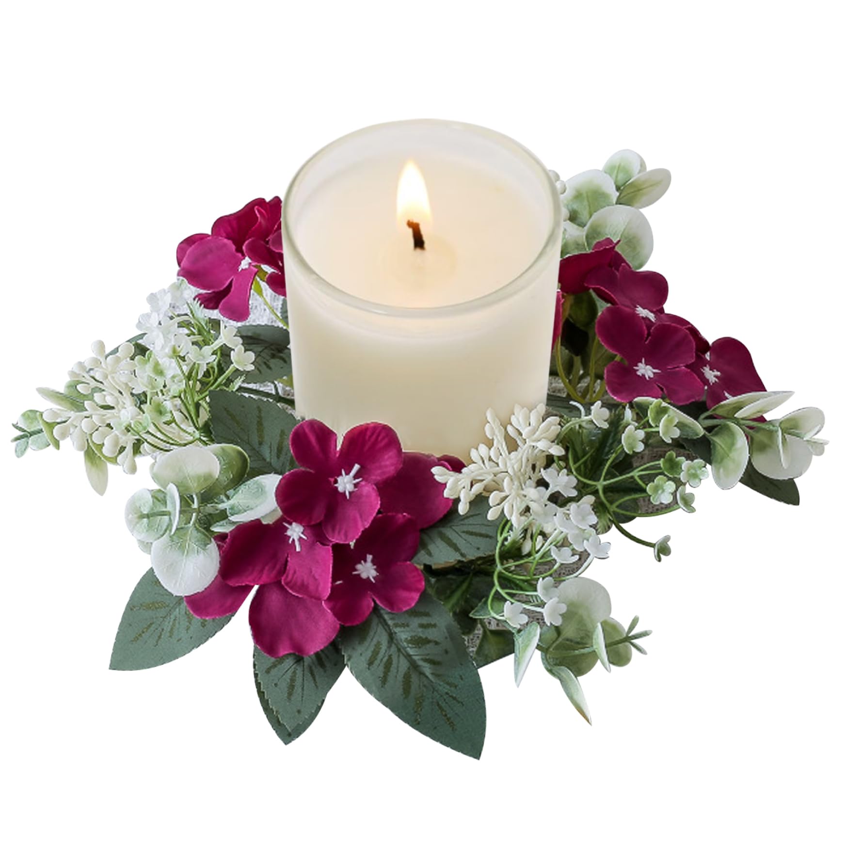 Anneaux artificiels pour piliers et petite couronne de bougies d'hortensias rouge vin