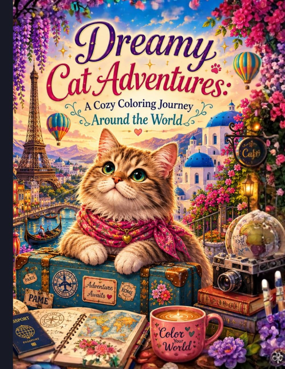 Dreamy Cat Adventures: A Cozy Coloring Journey Around the World