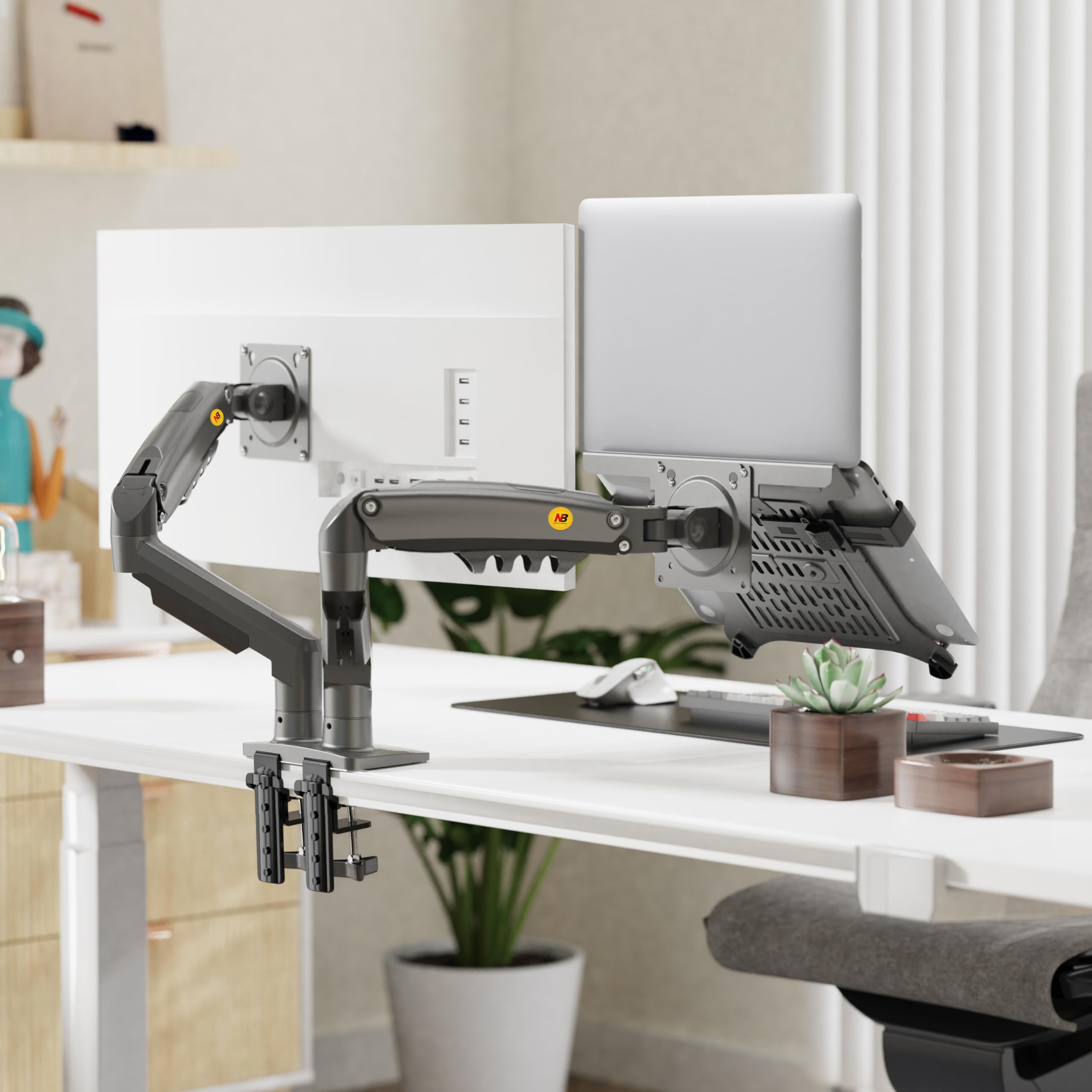 NB Ergonomic Doppia Braccio Monitor 17-32'' & Supporto PC Portatili 13-17'' | Supporto Monitor Carico Massimo 9 kg, VESA 75/100 mm