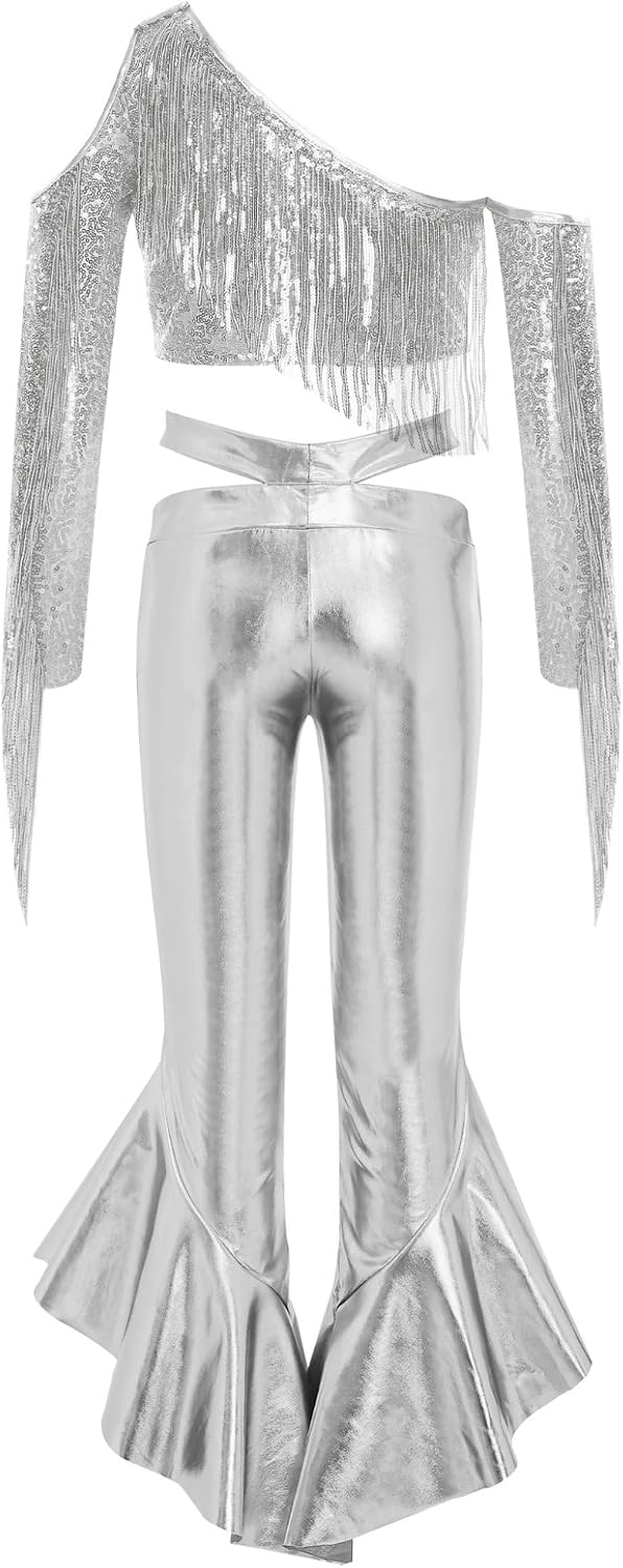Jelory Kids Girls Metallic Sequin Fringed Top And Ruffled Bell Bottom Pants 2 Piece Outfit Set Hip Hop Jazz Dance Performance Silver 10 Years