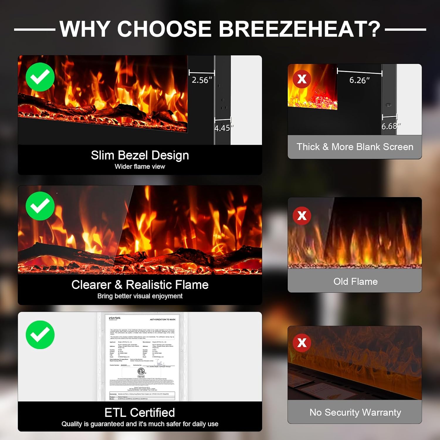 BREEZEHEAT 36 Inch Electric Fireplace Recessed and Wall Mounted, Ultra Slim Linear Fireplace Heater 750/1500W w/Log, HD Realistic Flame, Lower Noise, 8H Timer