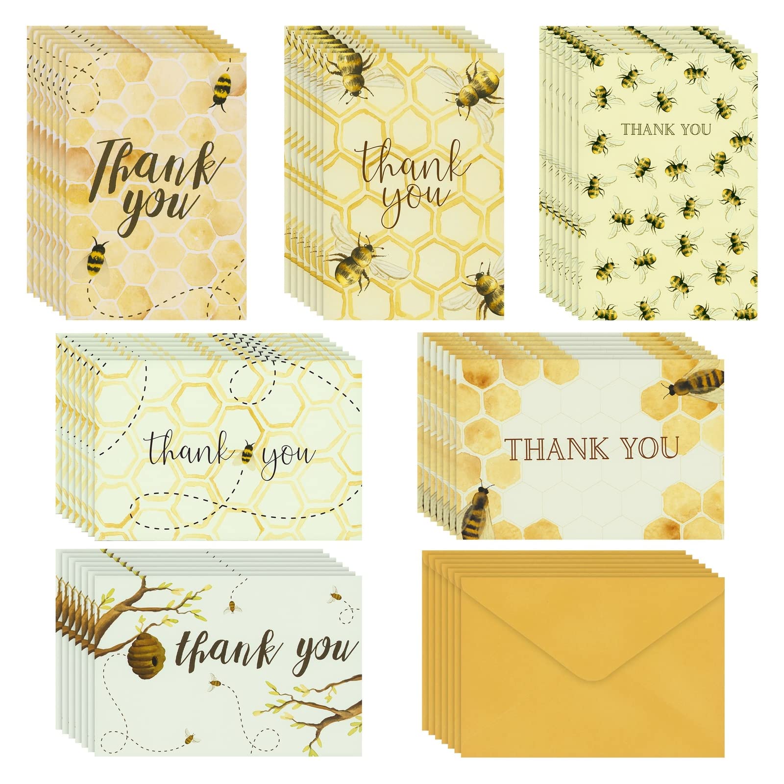 48 Pack Bumble Bee Thank you Cards with Envelopes for Baby Shower, Birthday, 6 Designs, Bulk Set (10.2 x 15.2 cm)