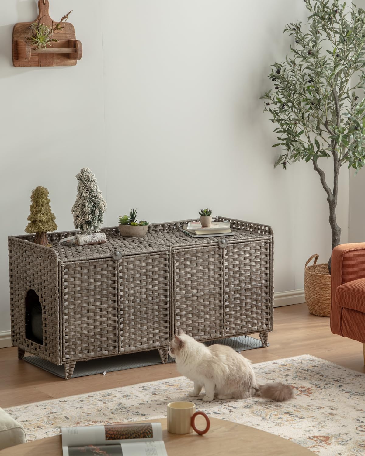 SETVSON Cat Litter Box Enclosure for 2 Cats, Double Litter Box Furniture with Litter Mat, Large Rattan Hidden Kitty Cat House with Double Room and Doors, 2 S-Shaped Hooks, 2 Inch Fence Gray