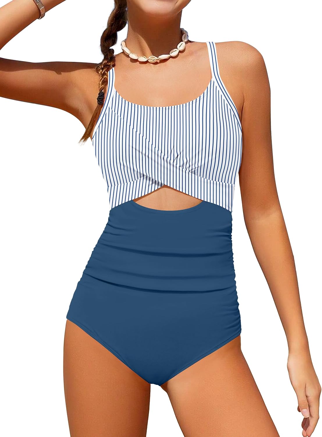 Girl Swimsuit One Piece Cutout Ruched Bathing Suit for Girls Color Block Adjustable Straps Pad Swimwear 9-16y
