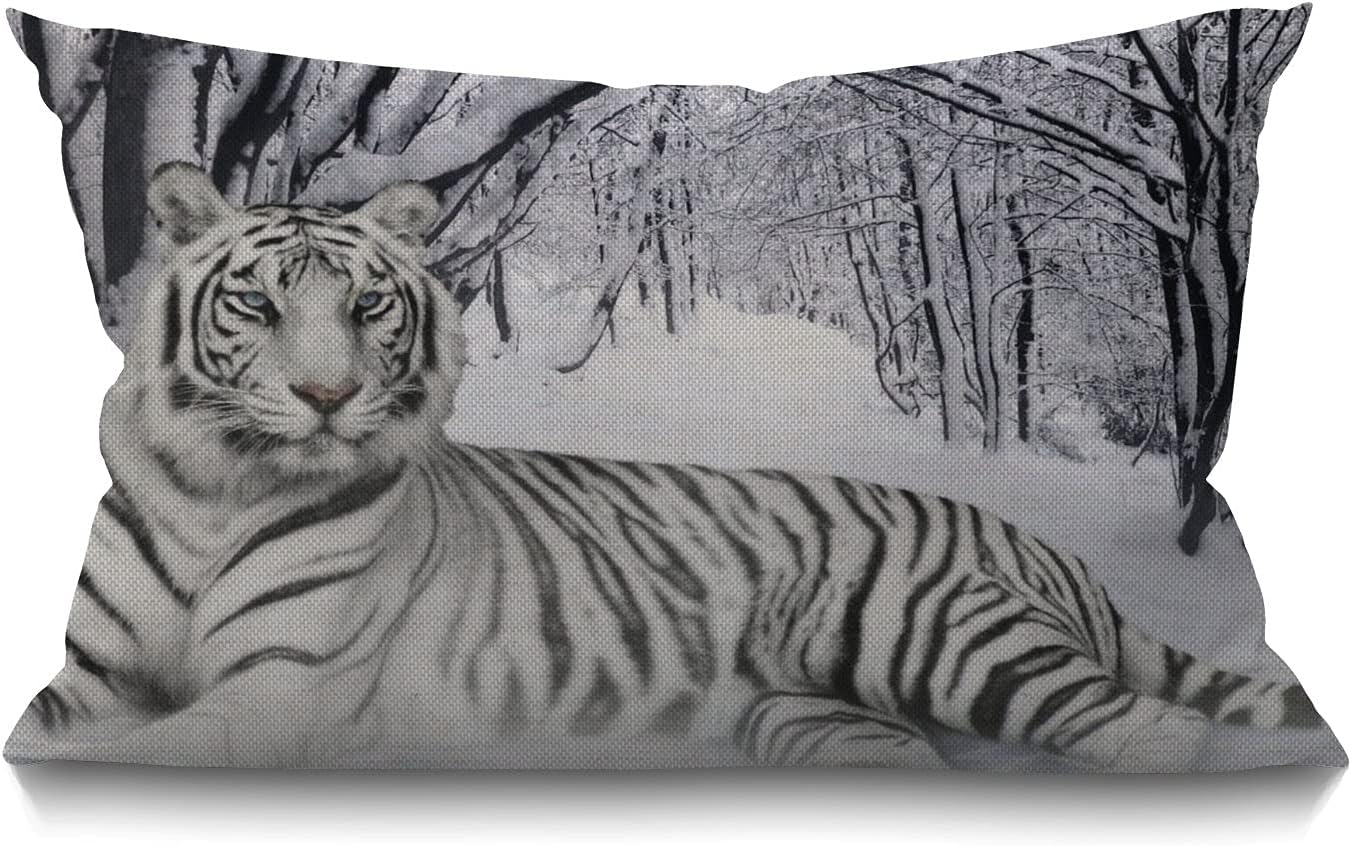 Smooffly Tiger Farmhouse Oblong Rectangle Throw Pillow Case White Siberian Tiger Cotton Linen Cushion Cover Sofa Armchair Bedroom Livingroom 12x20 Inch
