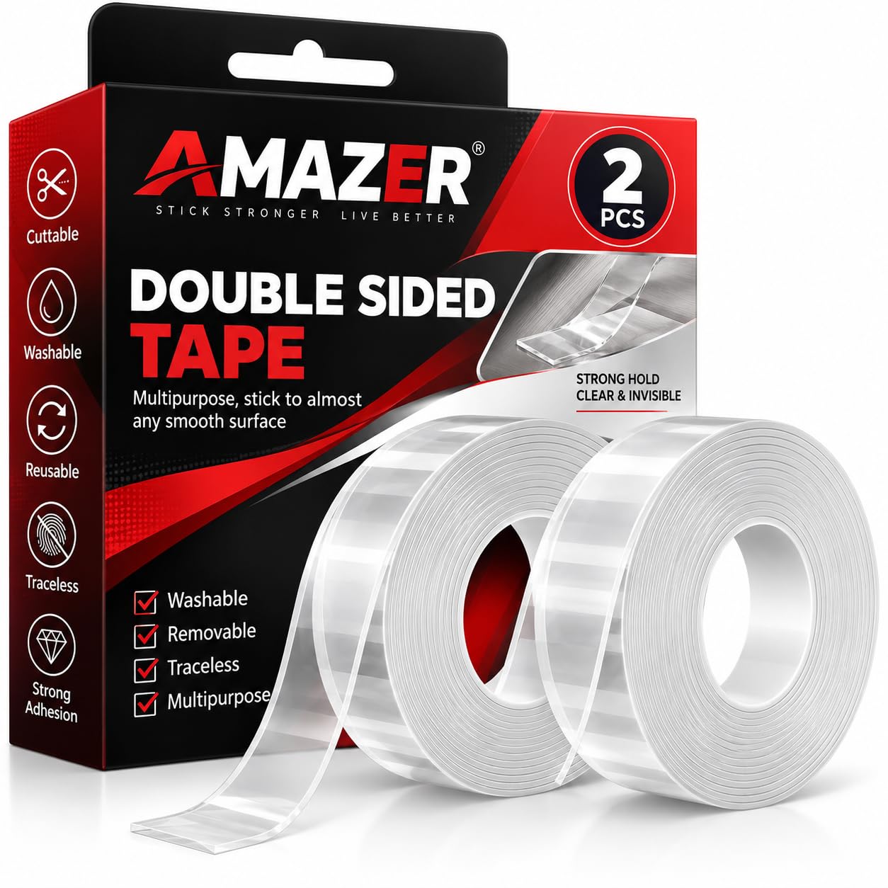 2 Pcs Grip Tape Heavy Duty Mounting Tape, Transparent Double Sided Tape, Double Tape for Wall, Strong Double Sided Tape, Dual Side Tape for Home, Office, Car Accessories, Crafts and Wall Hanging