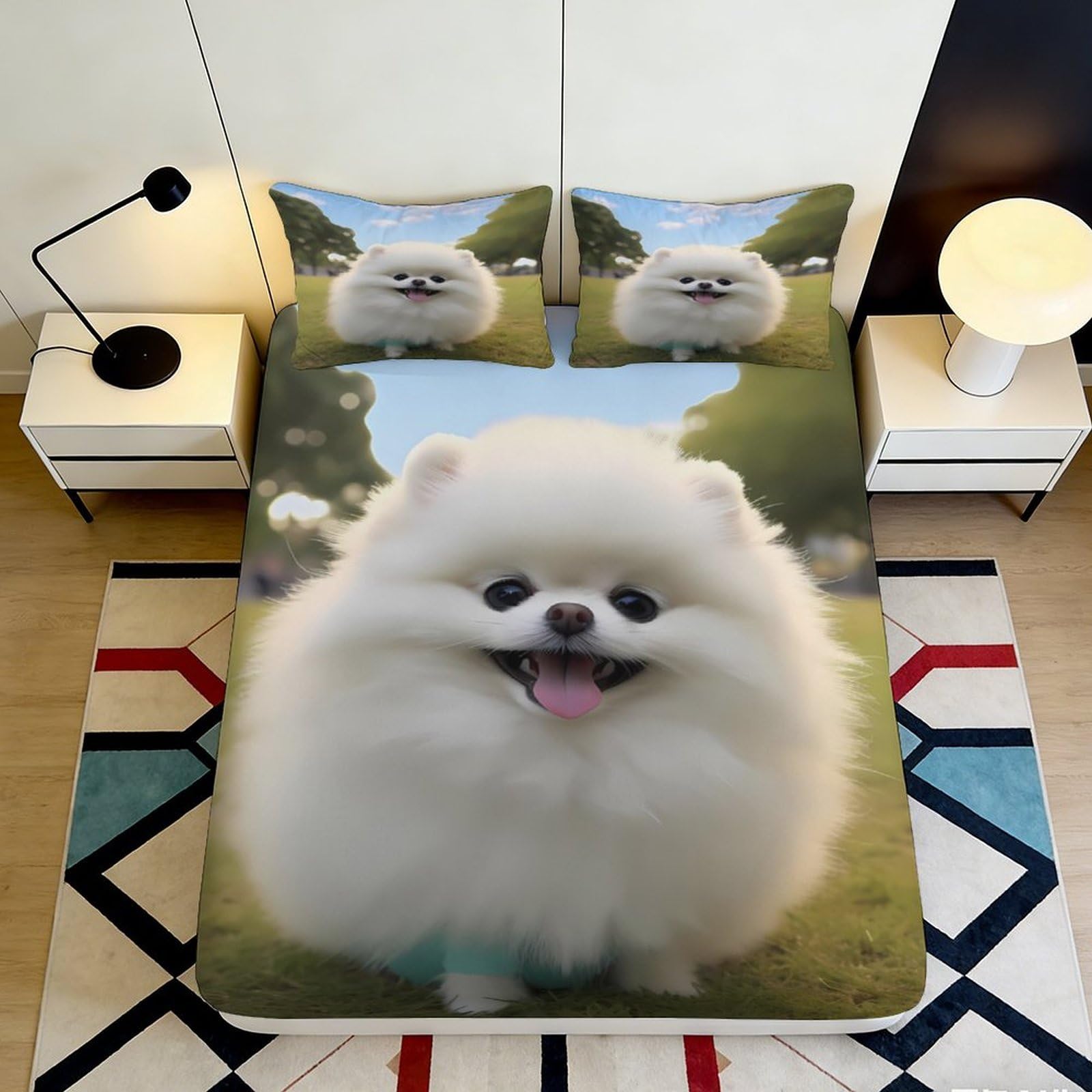 3D Printed Cute Pomeranian Dog Fitted Sheet Microfiber Soft Breathable Fluffy Puppy Bed Cover for Bedroom Dormitory Guest Room Mattress Protection Decor 140x200x25cm