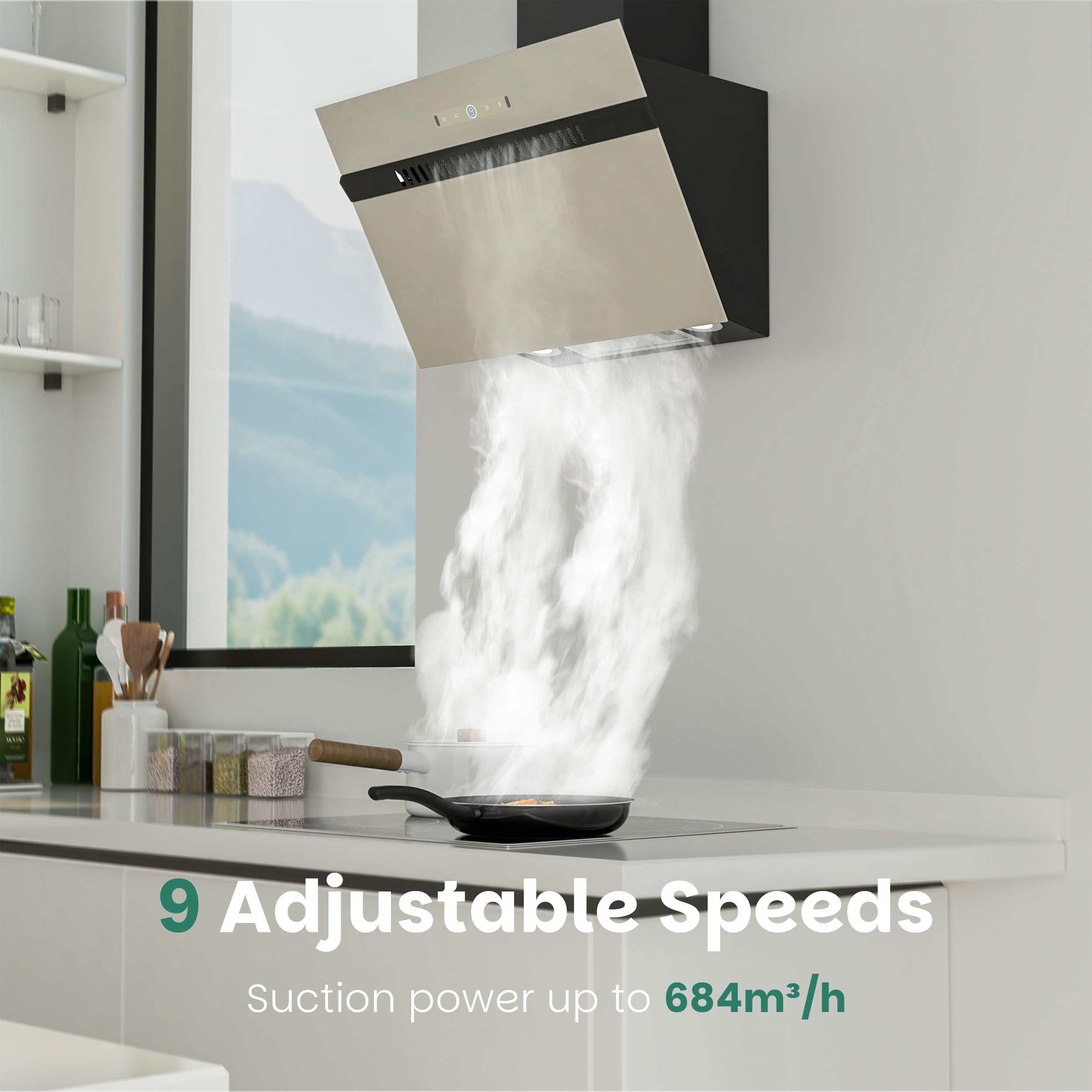 FIREGAS Dunstabzugshaube 60cm Abluft Umluft bürstenloser Motor 684 m³/h 9 Stufen Energieeffizienzklasse A+++ Touch Gestensteuerung Grau