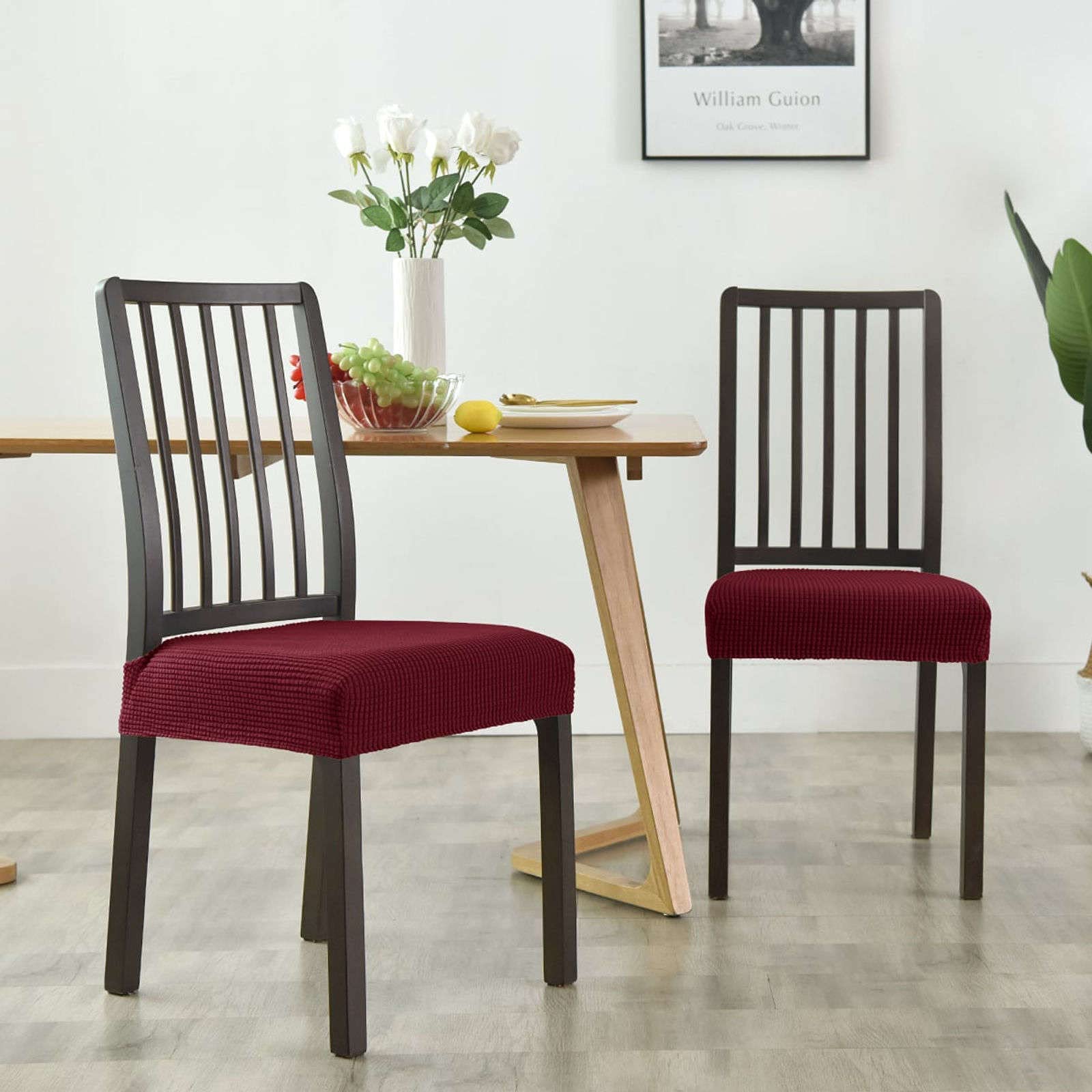 Set di 4 coprisedili elasticizzati per sedie da pranzo, in tessuto jacquard, rimovibili e lavabili, colore: rosso vino