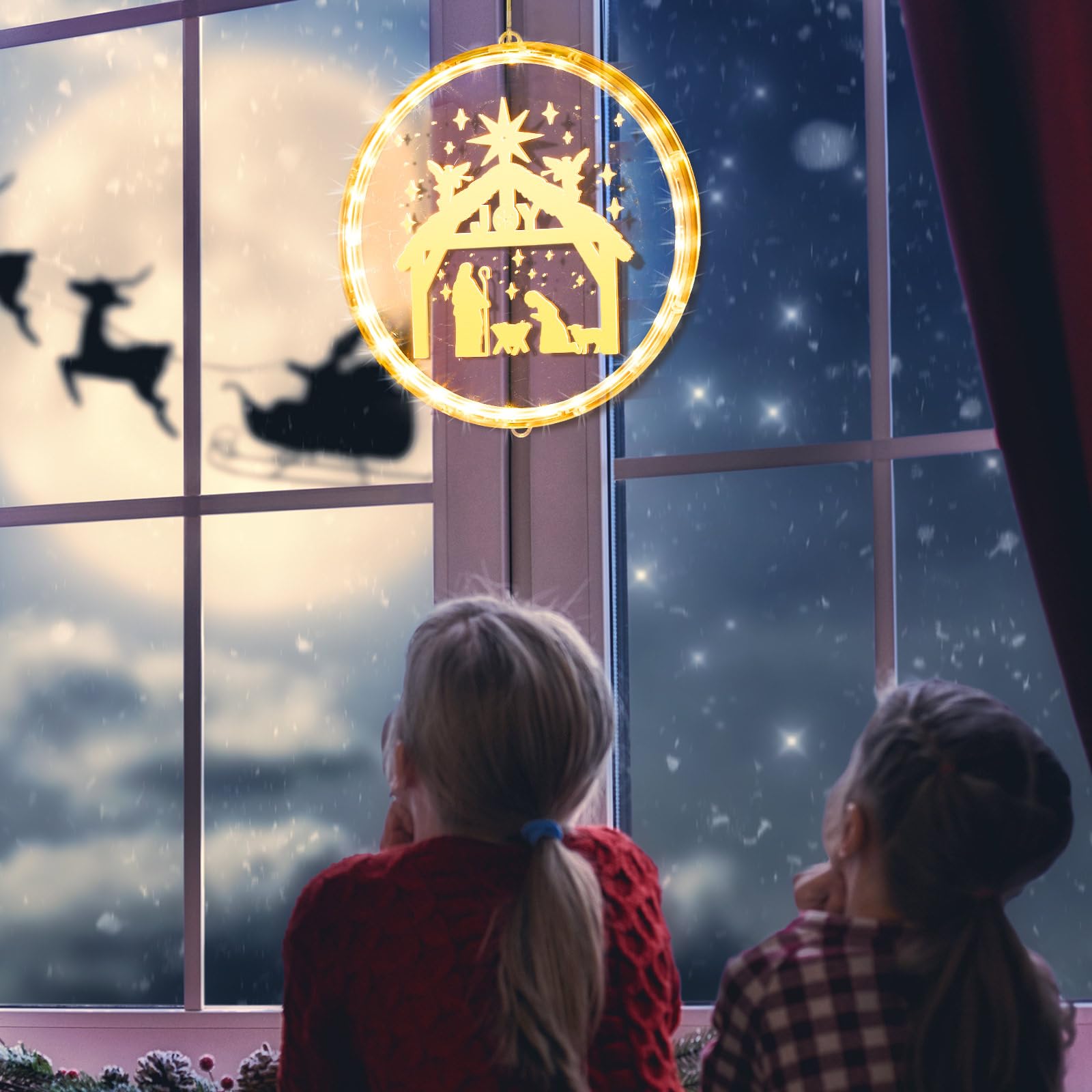 ROCEEI Luces decorativas de Navidad de 9.45 pulgadas para ventana, belén, luces colgantes, luces de Navidad, letrero de Navidad para interiores y exteriores, decoración de noche santa, letrero de