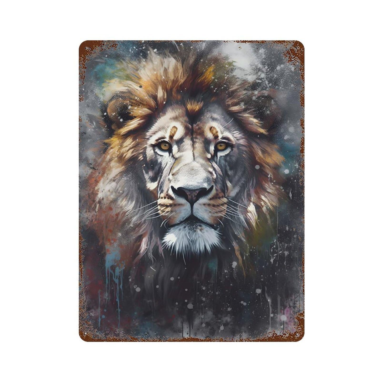 Colorful Lion Portrait Aged Metal Wall Plaque 15.7"x11.8", Industrial Home Decor for Pub, Kitchen And Man Cave Decor