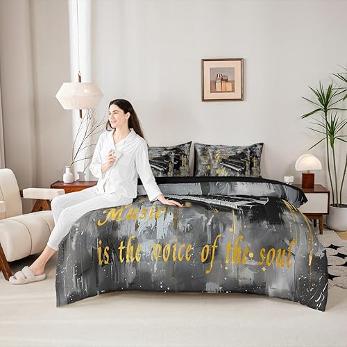 Miniatura 6 de Piano Music 7pcs Comforter King,Musical Notes Bedding Set Kids Girls Boys Teens Room Decor,Retro Graffiti Grey Gold Music Lover Bed in a