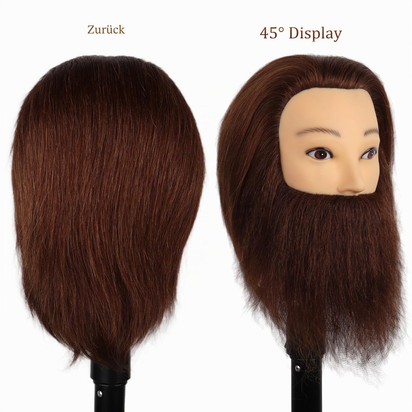Mann Frisierkopf 100% Echthaar mit Bart, Friseur Übungskopf Braun Haar 35 cm mit Tischklemme