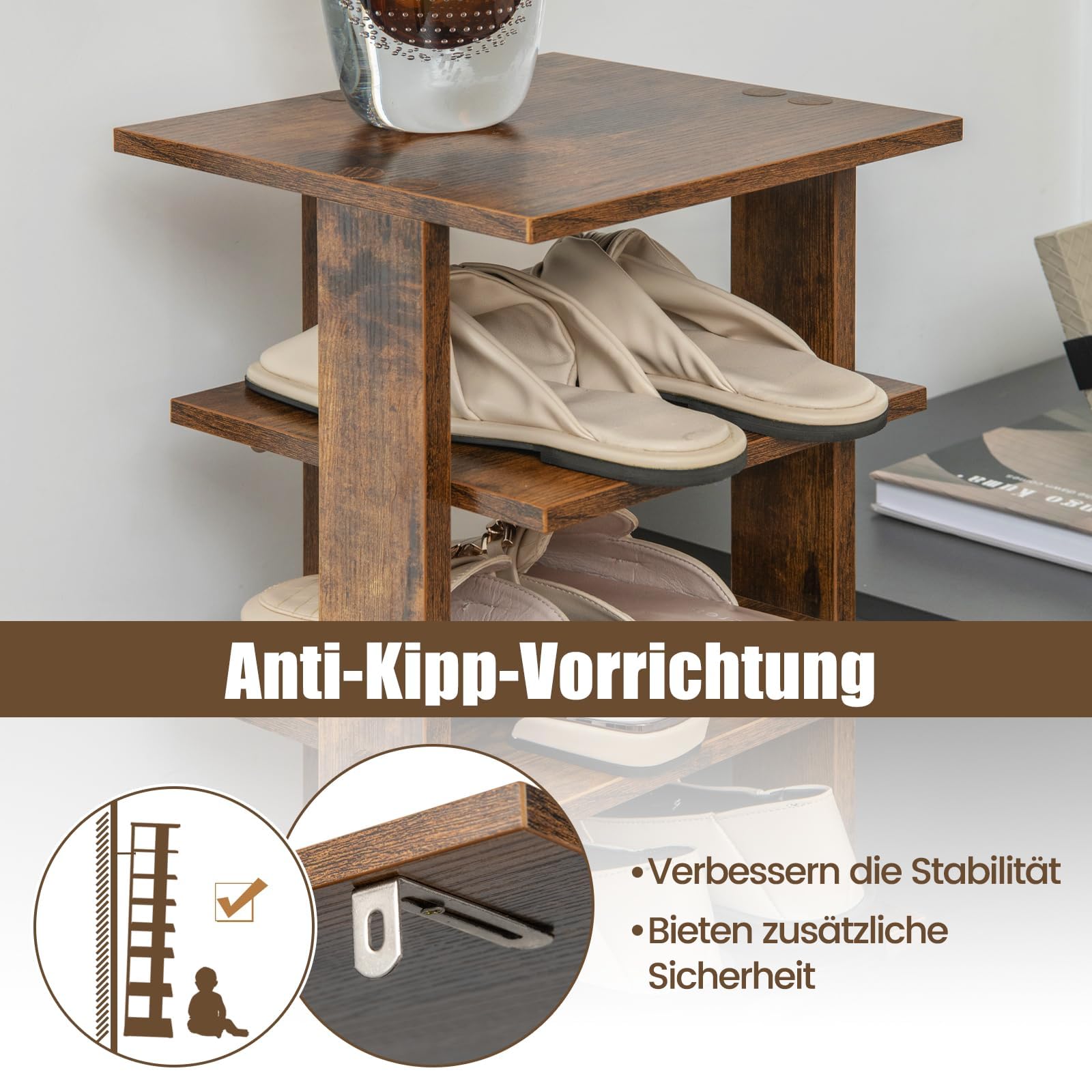 FANTASK 8 stufiges Schuhschrank, Schuhständer Schuh-Organizer aus Holz höhenverstellbar, Standregal, Schuhregal schmal vertikal, Freistehender Eckregal für Eingang & Flur (Braun)