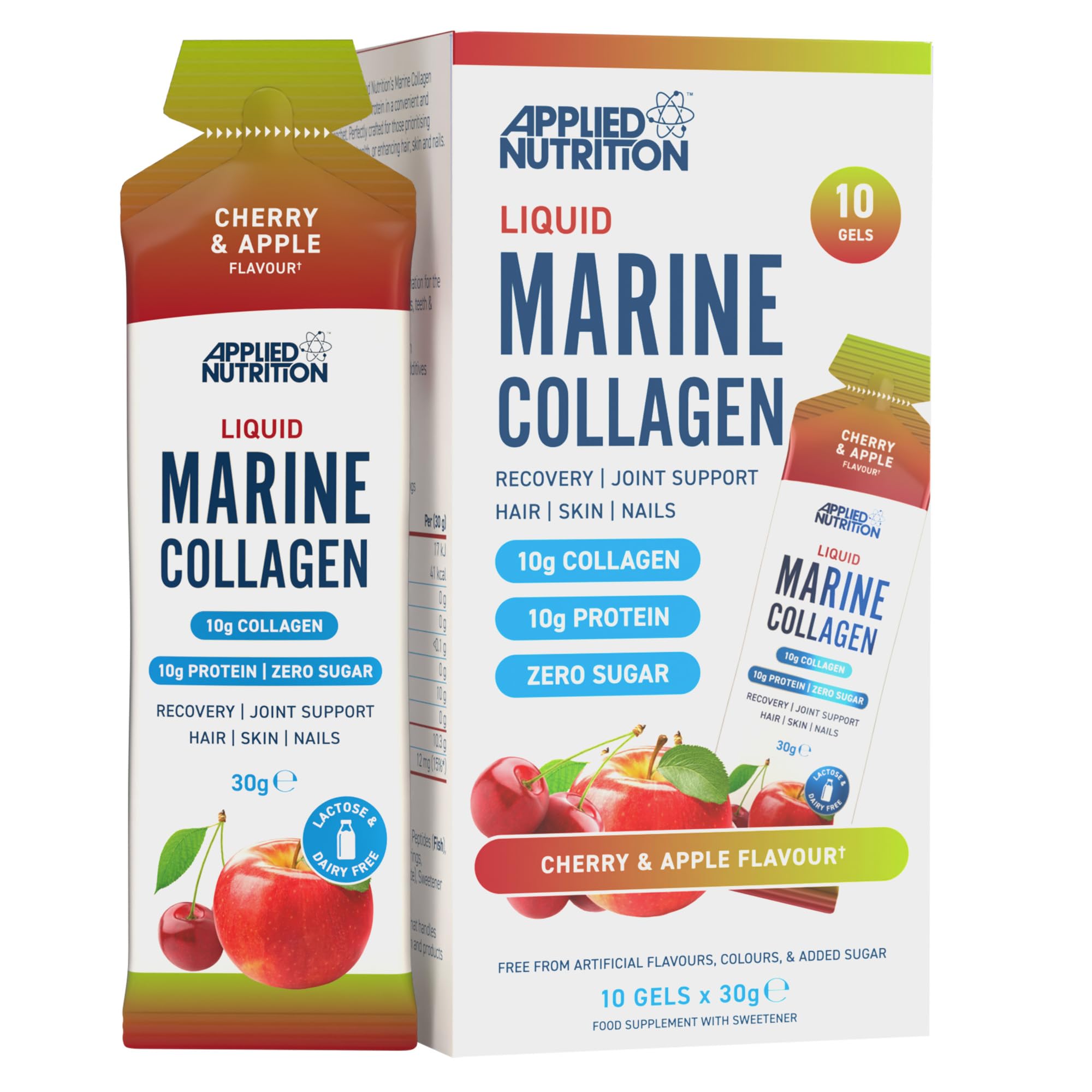 Applied Nutrition Liquid Marine Collagen Gel | 10g Collagen + Vitamin C | Ready-to-Use Beauty Gel | Sugar-Free | Cherry & Apple | 10 x 30g Sachets
