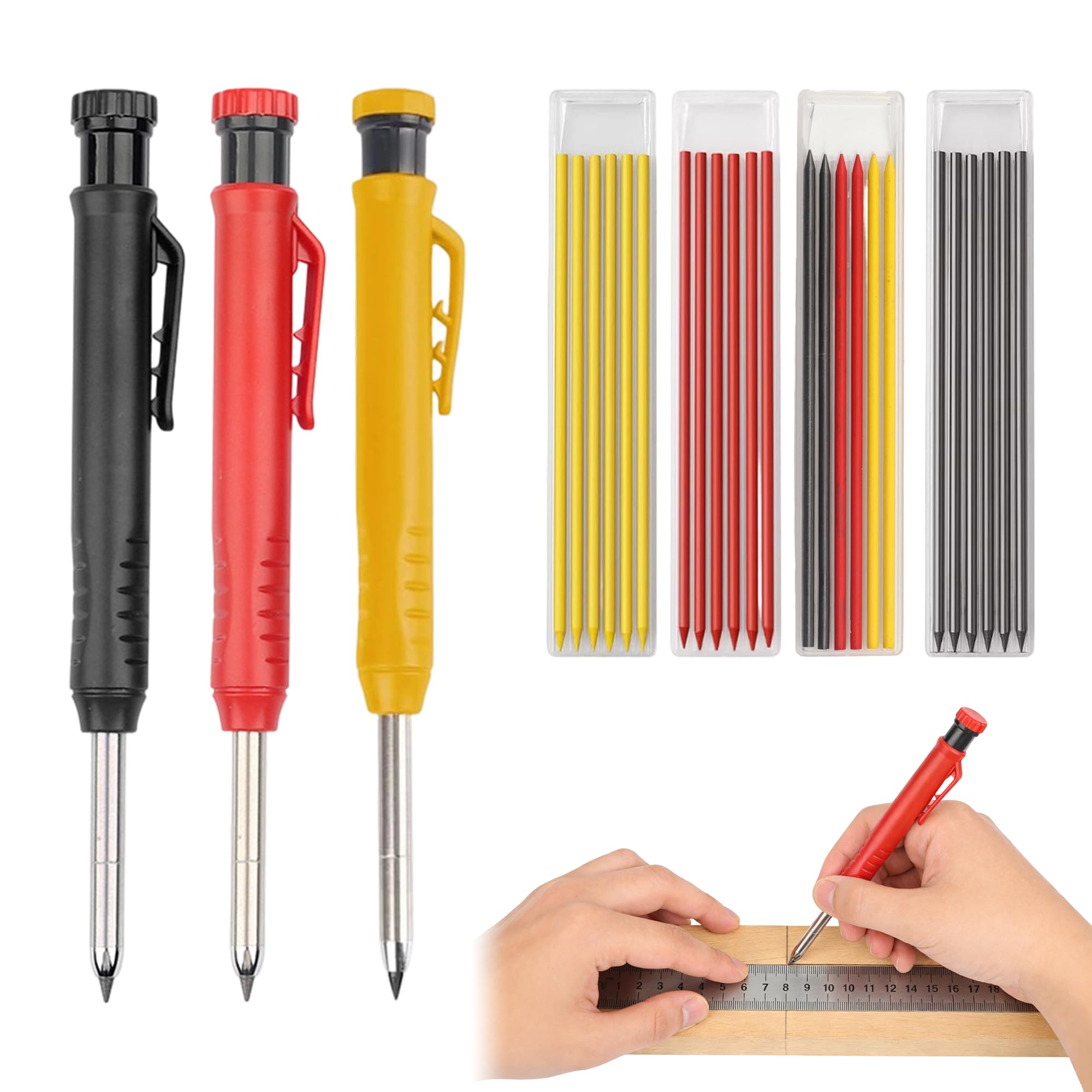 Noenaeni 7PCS Work Pencils for Builders, Construction Pencil Set for Builders Construction Architect Woodworking(3 Trace Pencils + 4 Boxes of Carpenter Pencil Refills, 3 Colors)